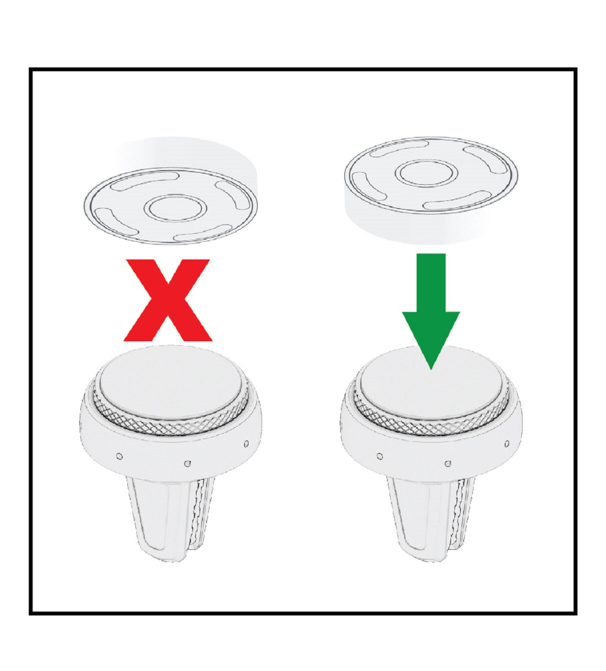 Schemat pokazujący prawidłowe i nieprawidłowe mocowanie otworu wentylacyjnego. Białe tło.