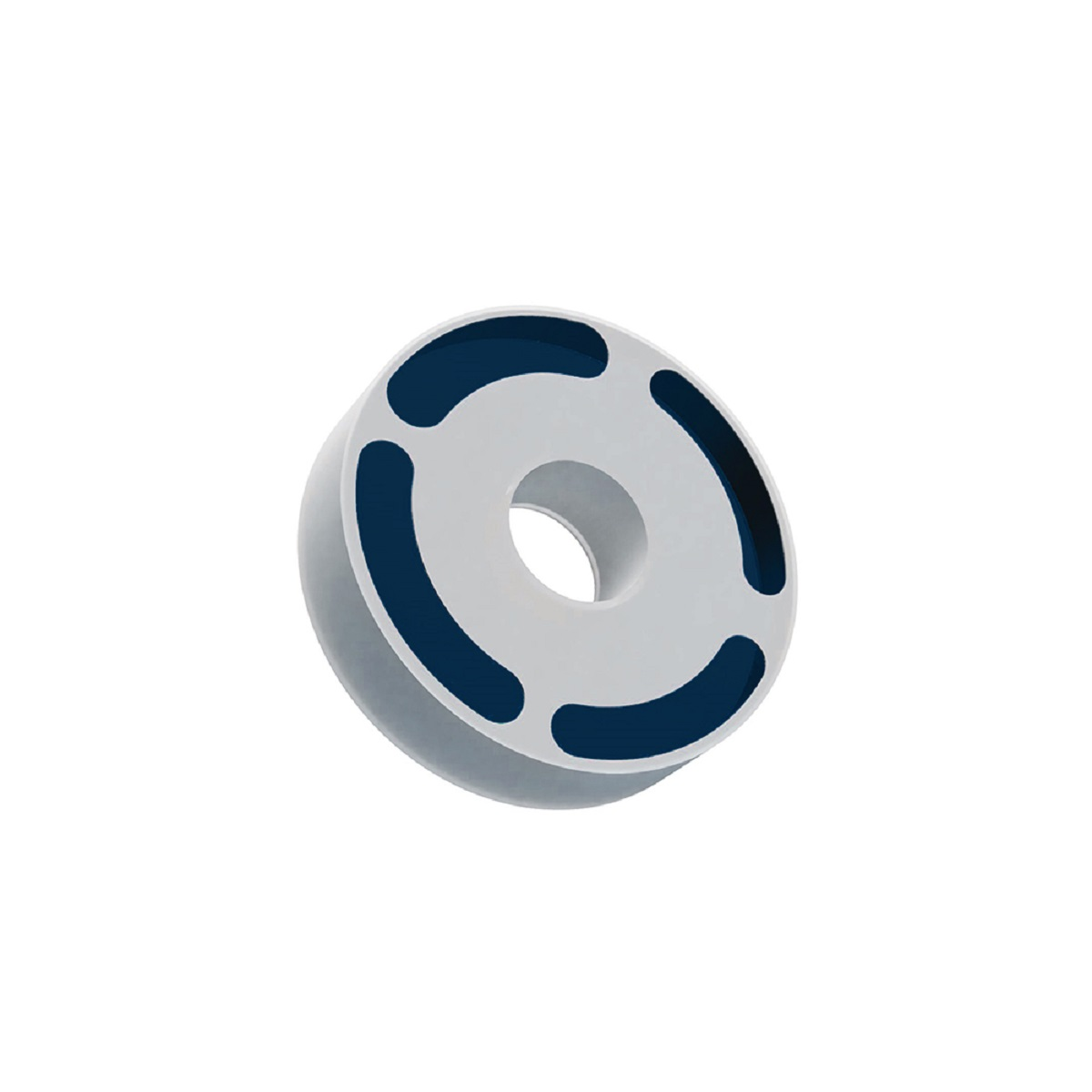 Biały, okrągły obiekt z otworem pośrodku i ciemnoniebieskimi akcentami.