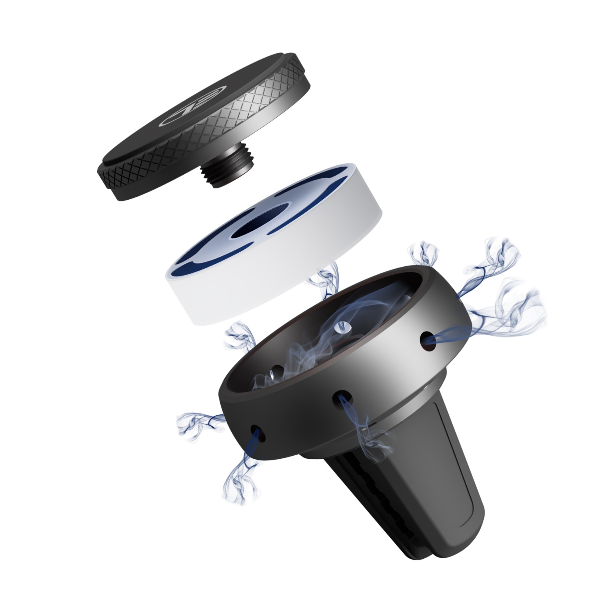 Uchwyt do kratki wentylacyjnej w samochodzie w widoku rozłożonym. Pokazuje części i symulowaną parę.