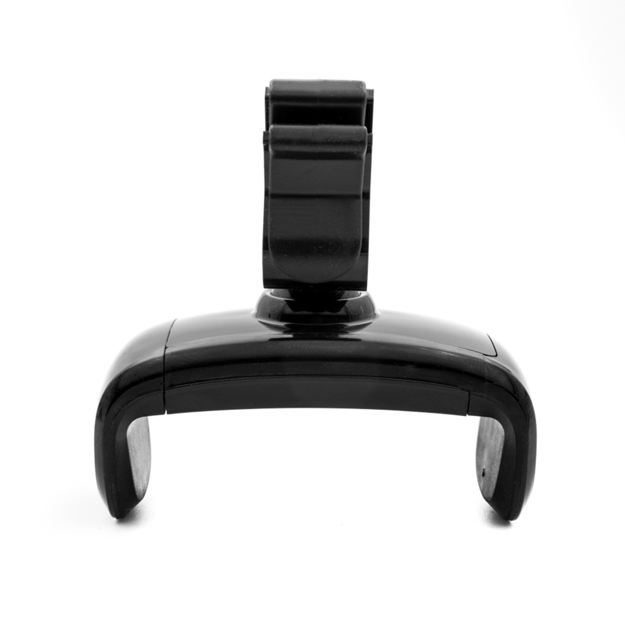 Czarny uchwyt samochodowy na telefon. Jest zamontowany i gotowy do użycia. Białe tło.