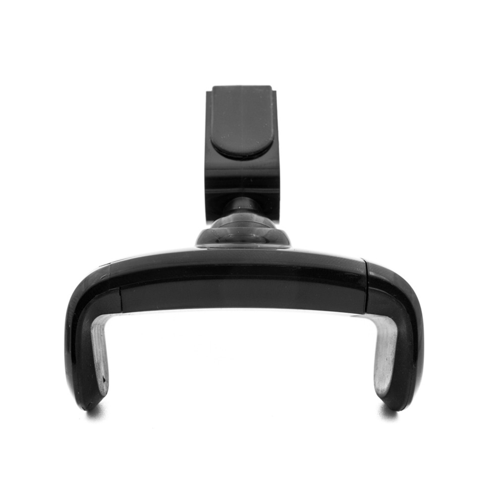 Czarny uchwyt na telefon do samochodu, z zakrzywionym uchwytem i centralnym mocowaniem na białym tle.