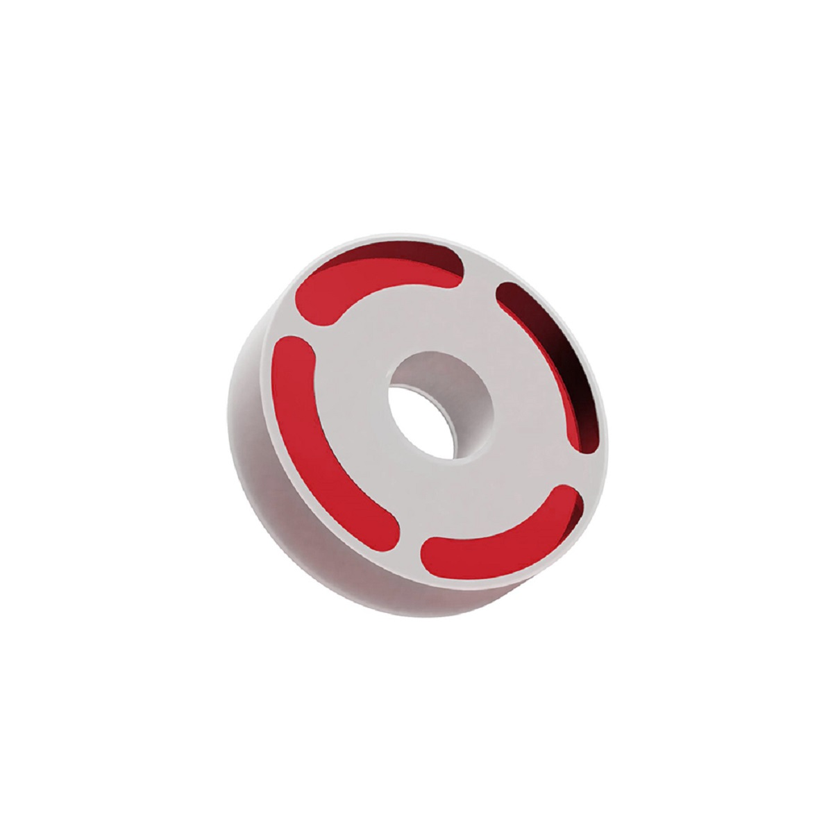 Biało-czerwony obiekt w kształcie koła z trzema czerwonymi wkładkami, na białym tle.