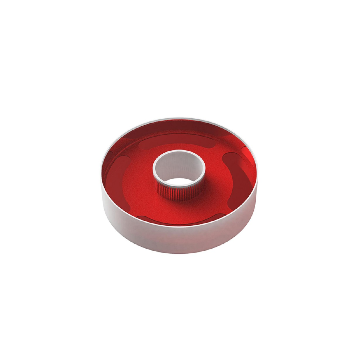 Czerwony i biały obiekt w kształcie pierścienia, z białym środkiem, na białym tle.