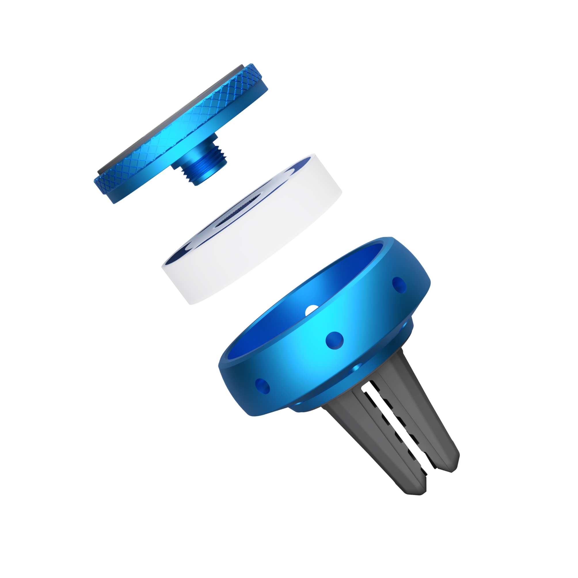 Niebieski uchwyt samochodowy na telefon zdemontowany na części.