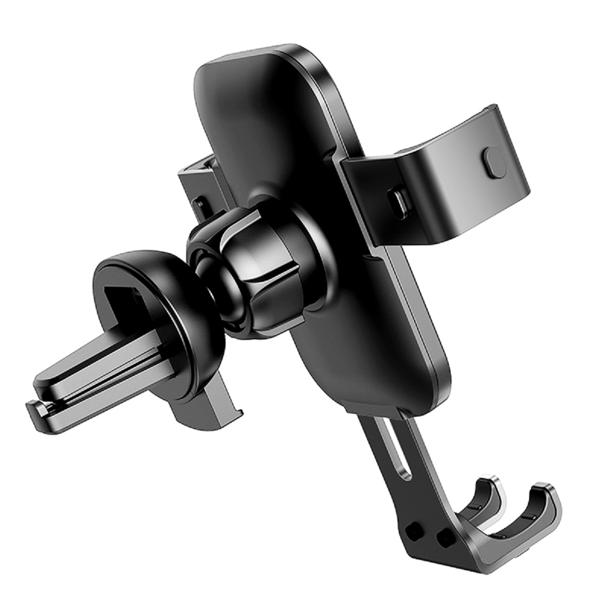 Czarny uchwyt samochodowy na telefon. Białe tło.