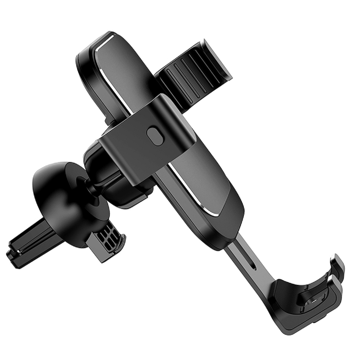 Czarny uchwyt do telefonu samochodowego. Ma przegub kulowy do regulacji. Białe tło.
