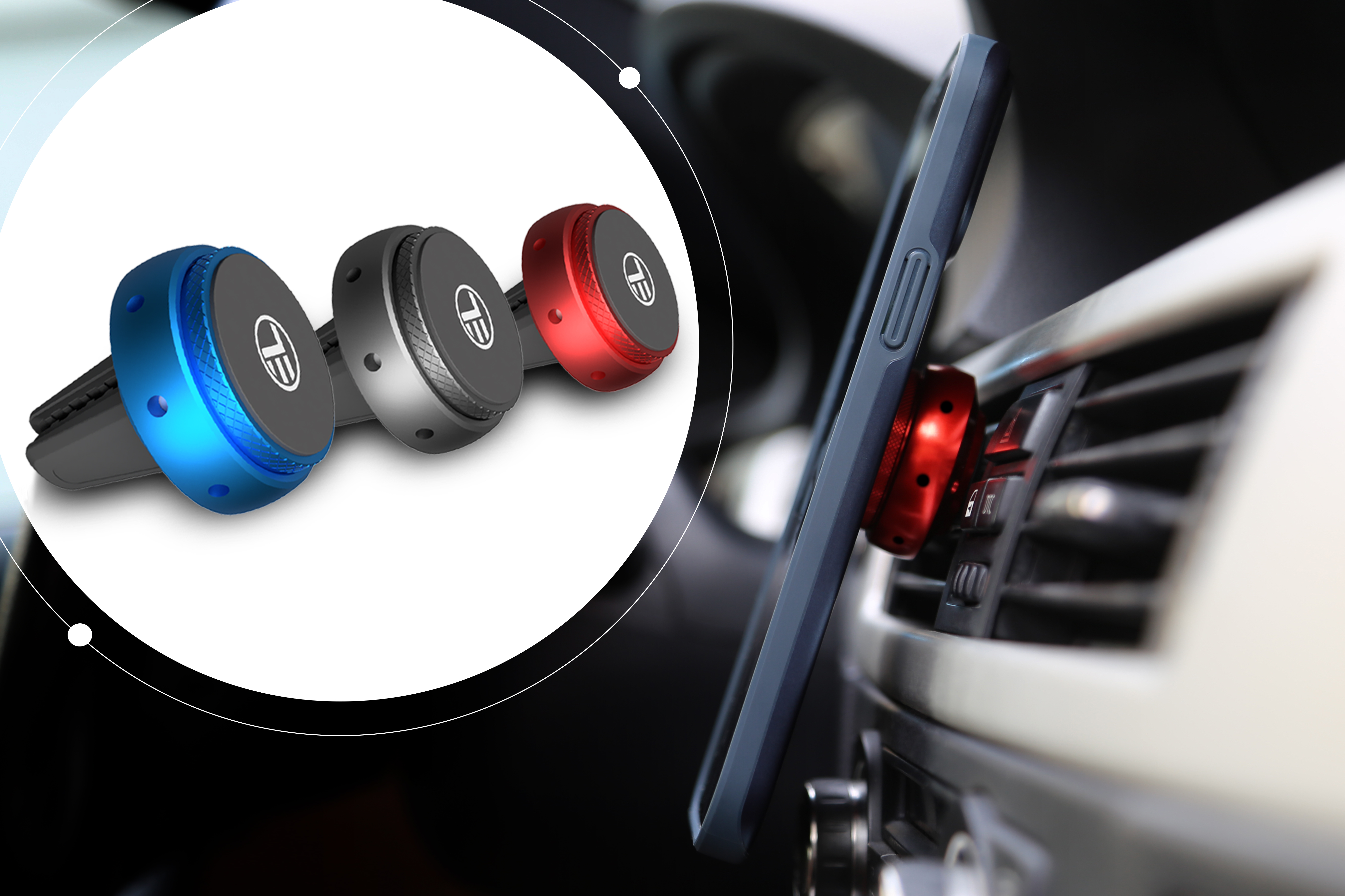 Telefon jest zamontowany na kratce wentylacyjnej samochodu za pomocą trzech magnetycznych uchwytów.