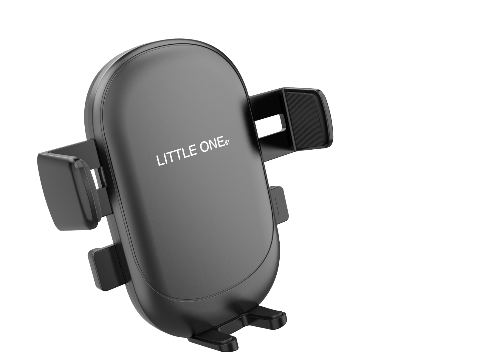 Czarny uchwyt do telefonu samochodowego ze słowami LITTLE ONE. Uchwyt jest na czarnym tle.