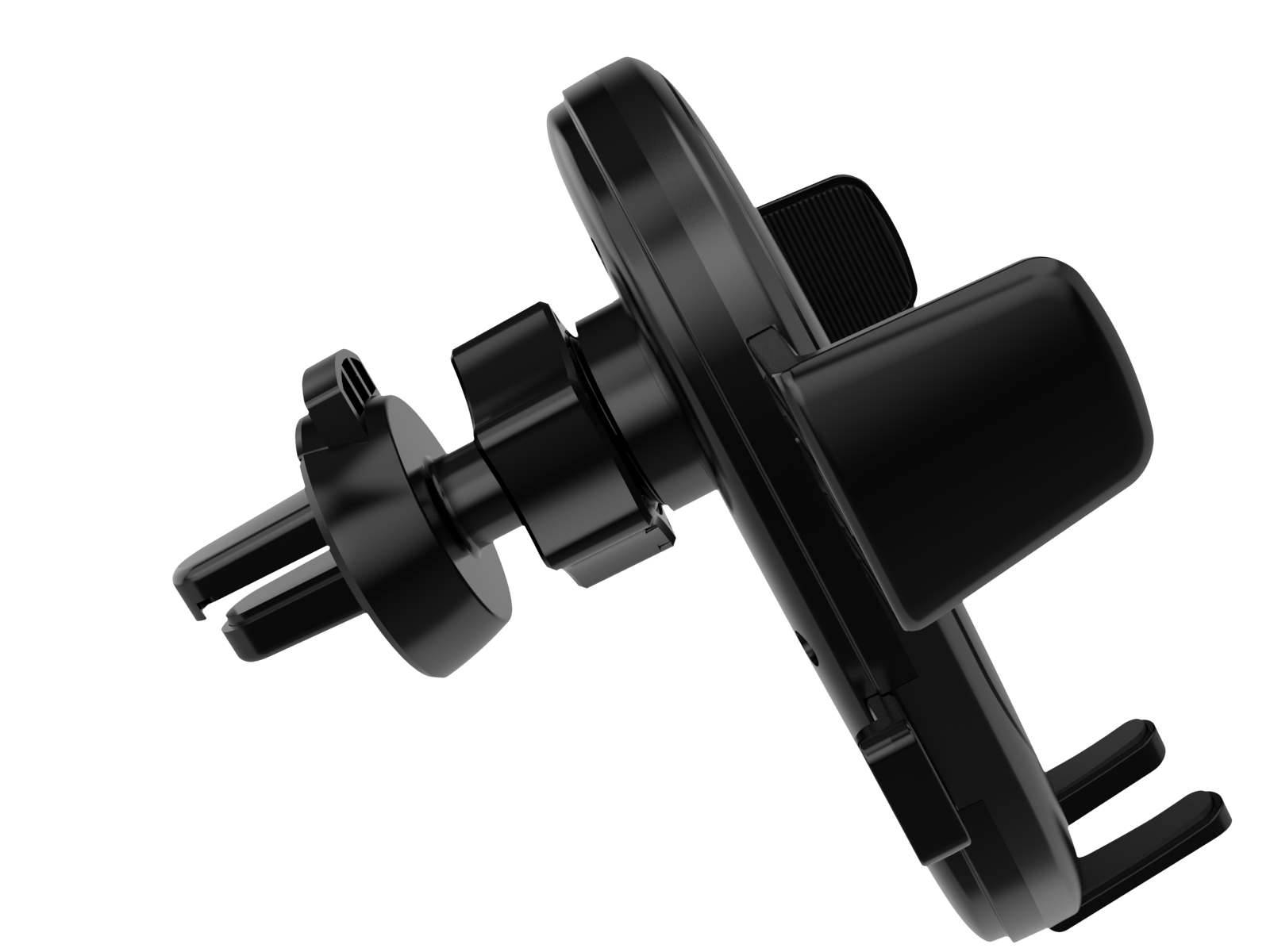Czarny uchwyt na telefon samochodowy z regulowanymi częściami na czarnym tle.