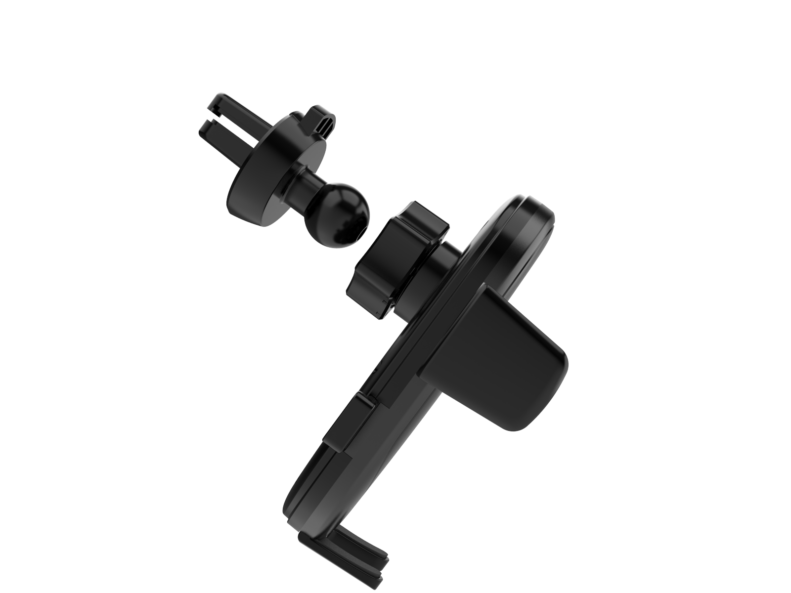 Czarny uchwyt samochodowy na telefon z przegubem kulowym i klipsem wentylacyjnym, na czarnym tle.