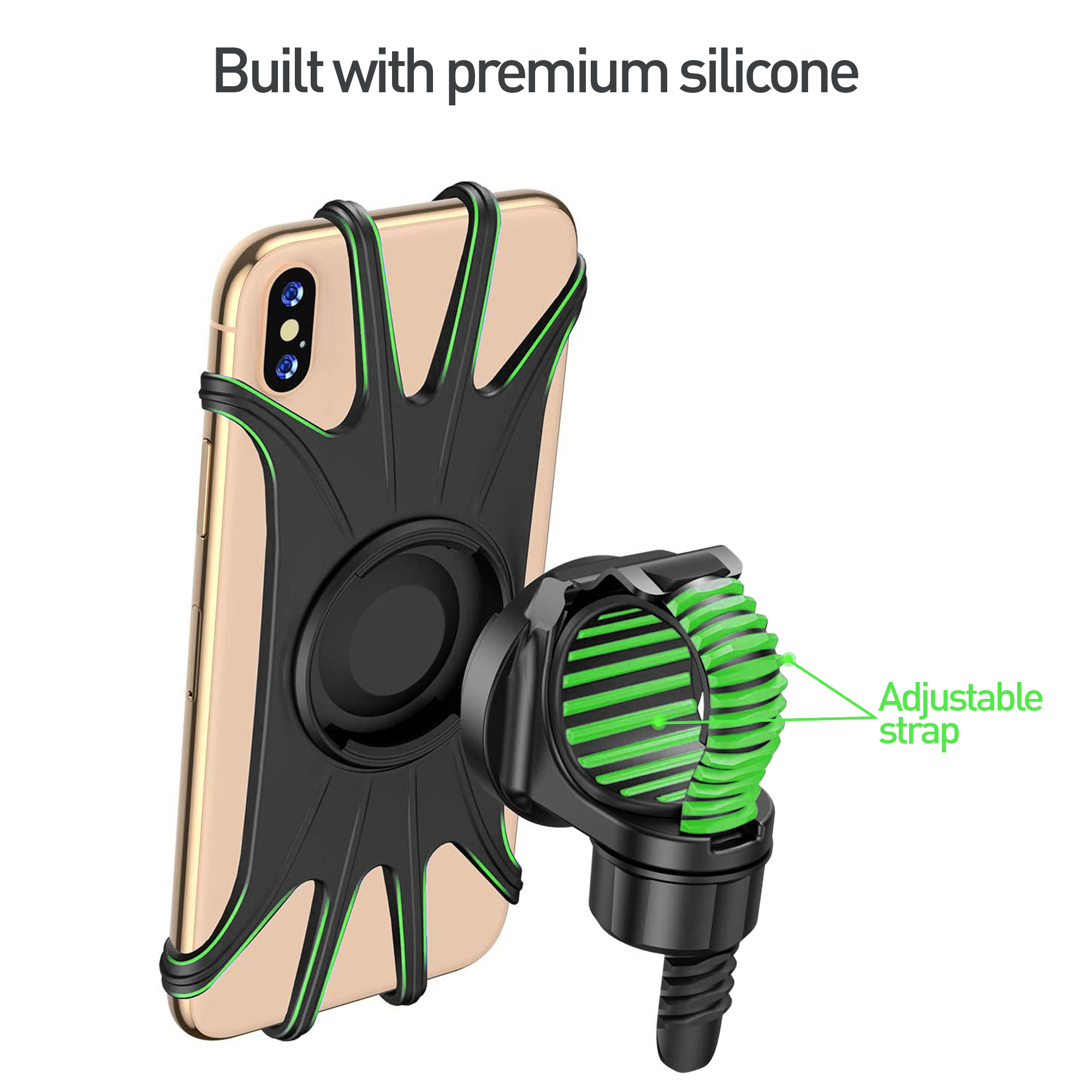 Telefon w uchwycie z regulowanym paskiem, zamontowany na białej powierzchni.