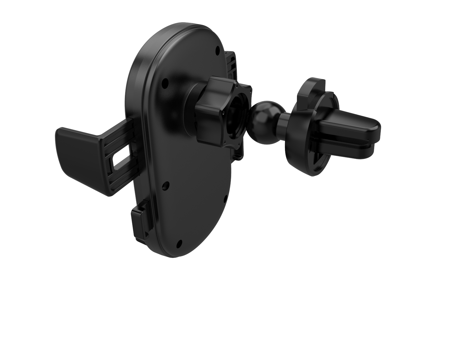 Czarny uchwyt samochodowy na telefon z przegubem kulowym i klipsem wentylacyjnym.