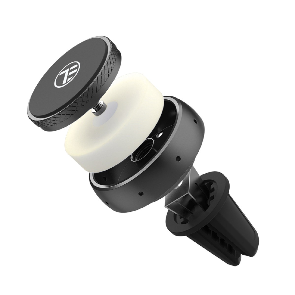 Zdemontowany uchwyt samochodowy na telefon z czarnymi i srebrnymi częściami, białą pianką i klipsem wentylacyjnym.