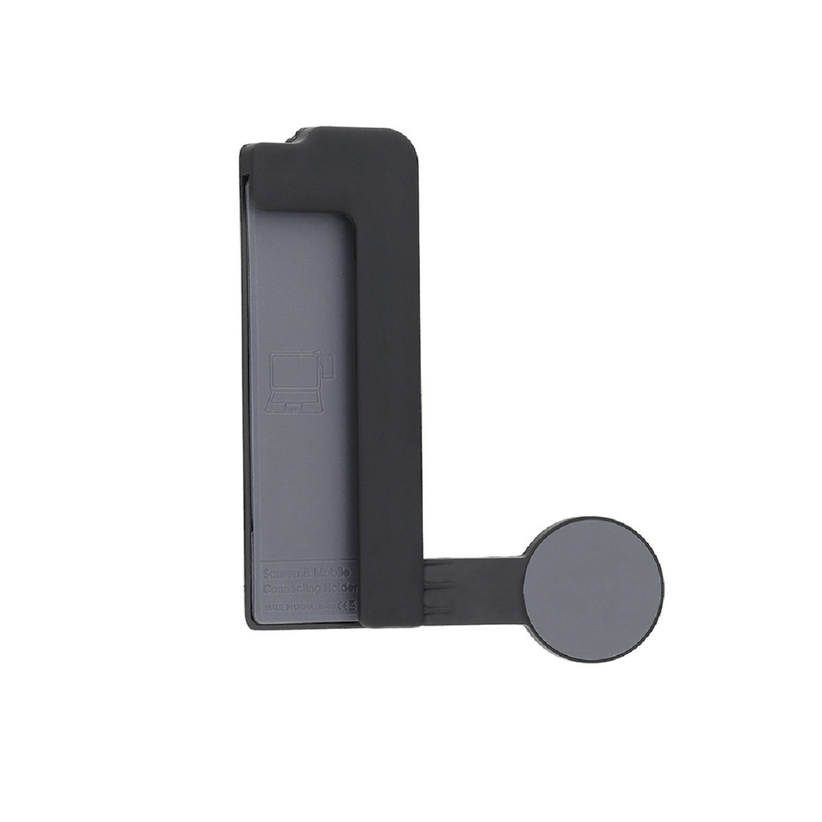 Czarny i szary uchwyt na ekran. Uchwyt ma kształt litery L z okrągłym mocowaniem.