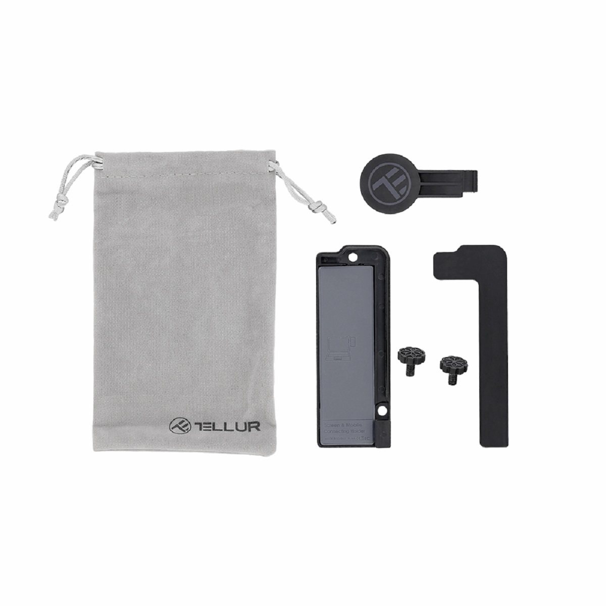 Szara torebka i czarne akcesoria. Zawiera uchwyt i brelok do kluczy.