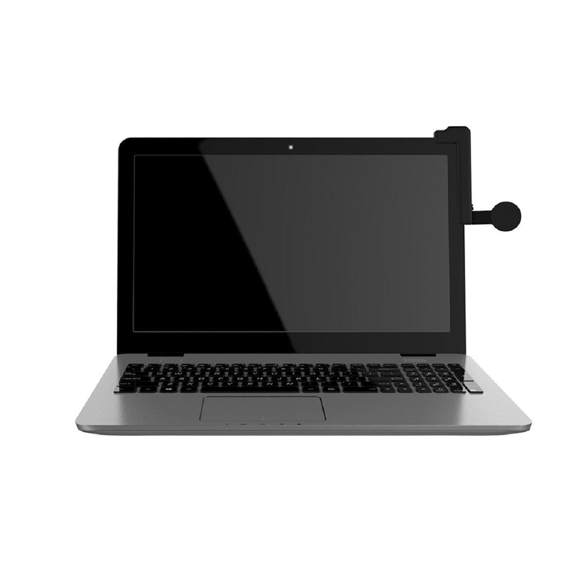 Laptop z dołączonym ekranem prywatności, czarny ekran.