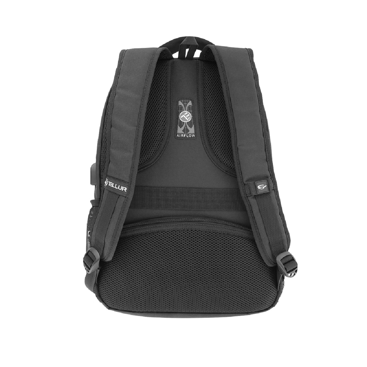 Schwarzer Rucksack, Rückansicht mit verstellbaren Trägern und Netz, weißer Hintergrund.