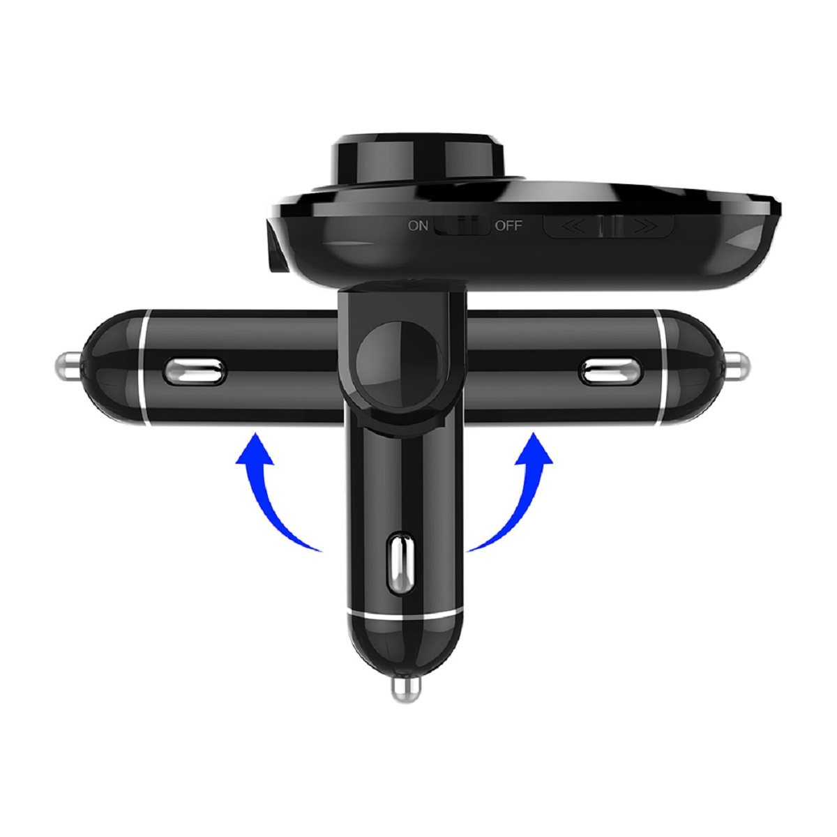 Czarna ładowarka samochodowa z portami USB i funkcją Bluetooth. Białe tło.