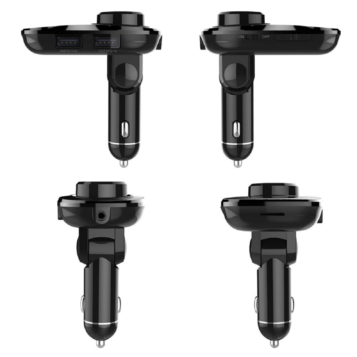 Cztery widoki czarnego transmitera FM do samochodu z portami USB i ładowania.