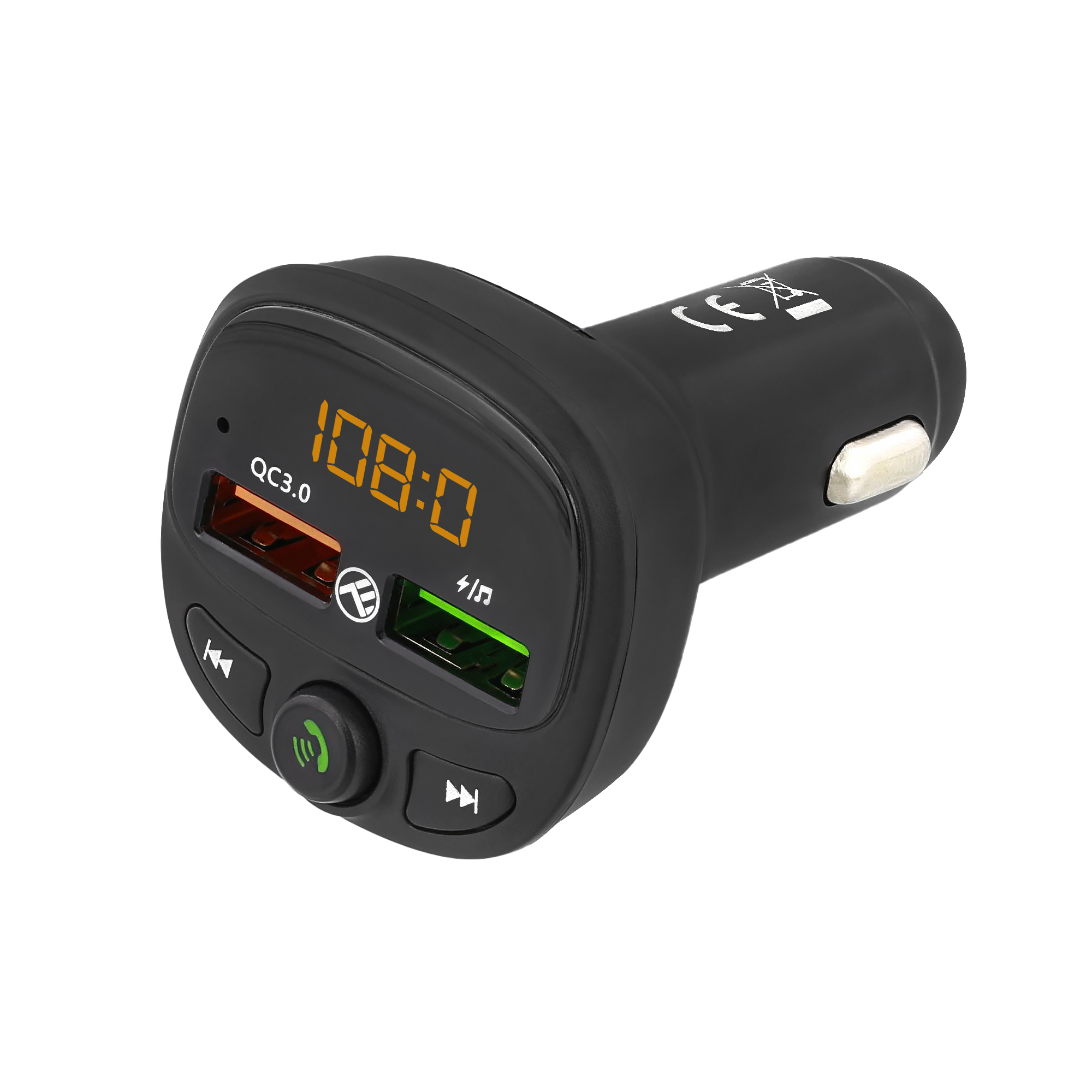 Un cargador de coche negro con una pantalla digital que muestra 108.0. Tiene puertos USB y botones.