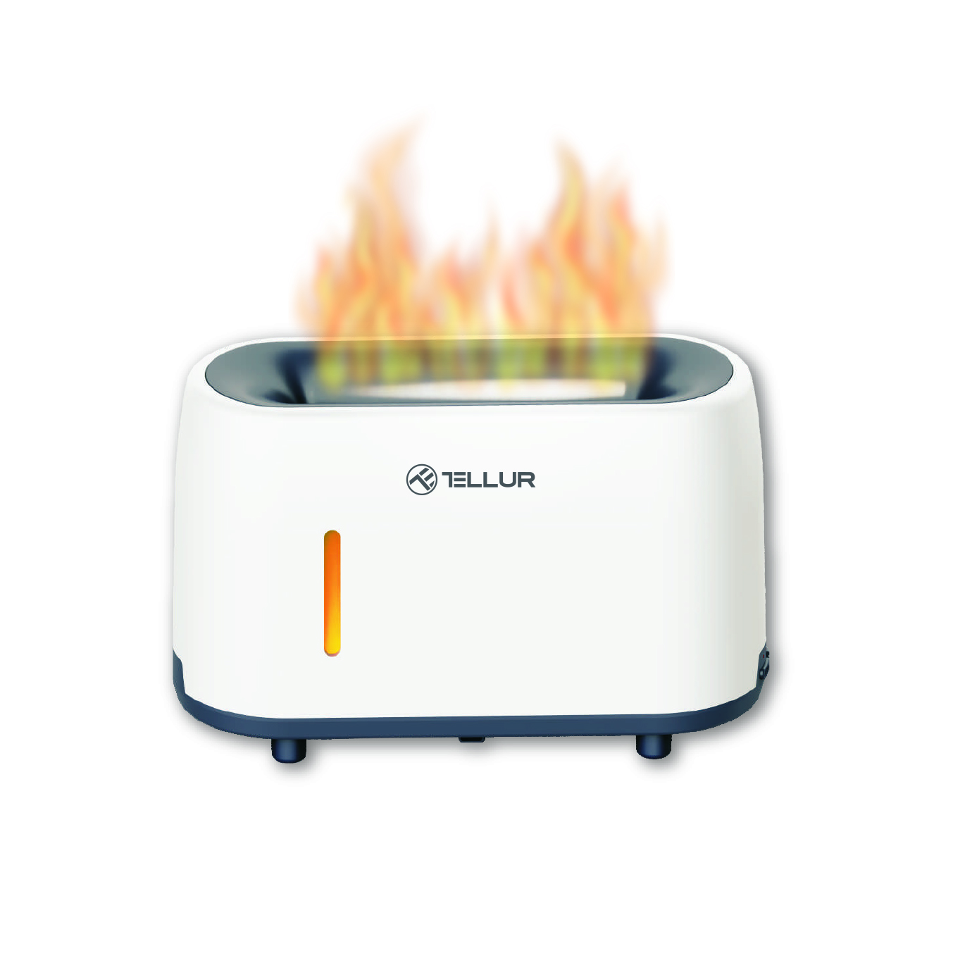 Biały dyfuzor do aromaterapii z płomieniami na górze. Dyfuzor znajduje się na białej powierzchni. Jest biało-czarny.