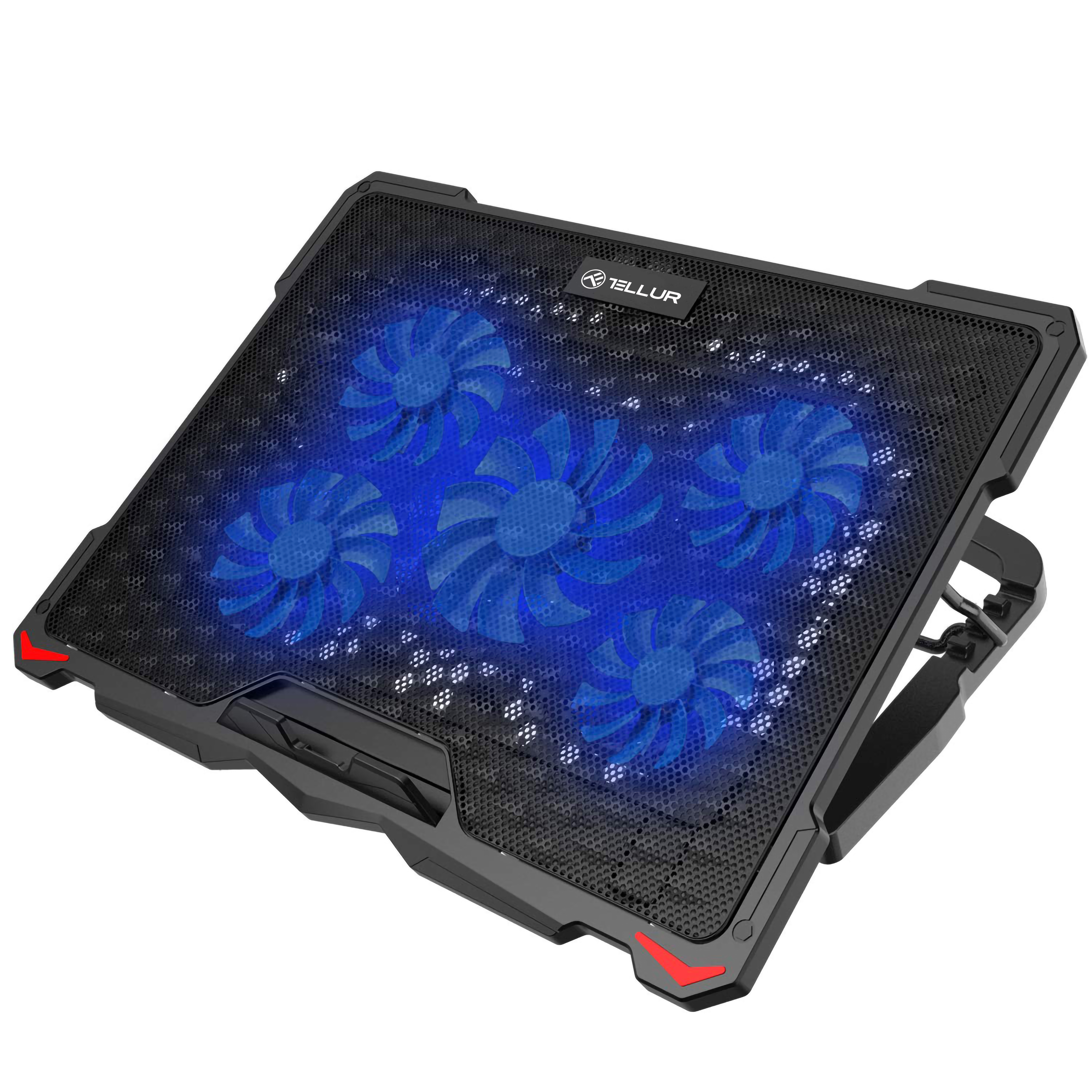 Una base de refrigeración para portátil con ventiladores azules, superficie de malla negra y detalles rojos.