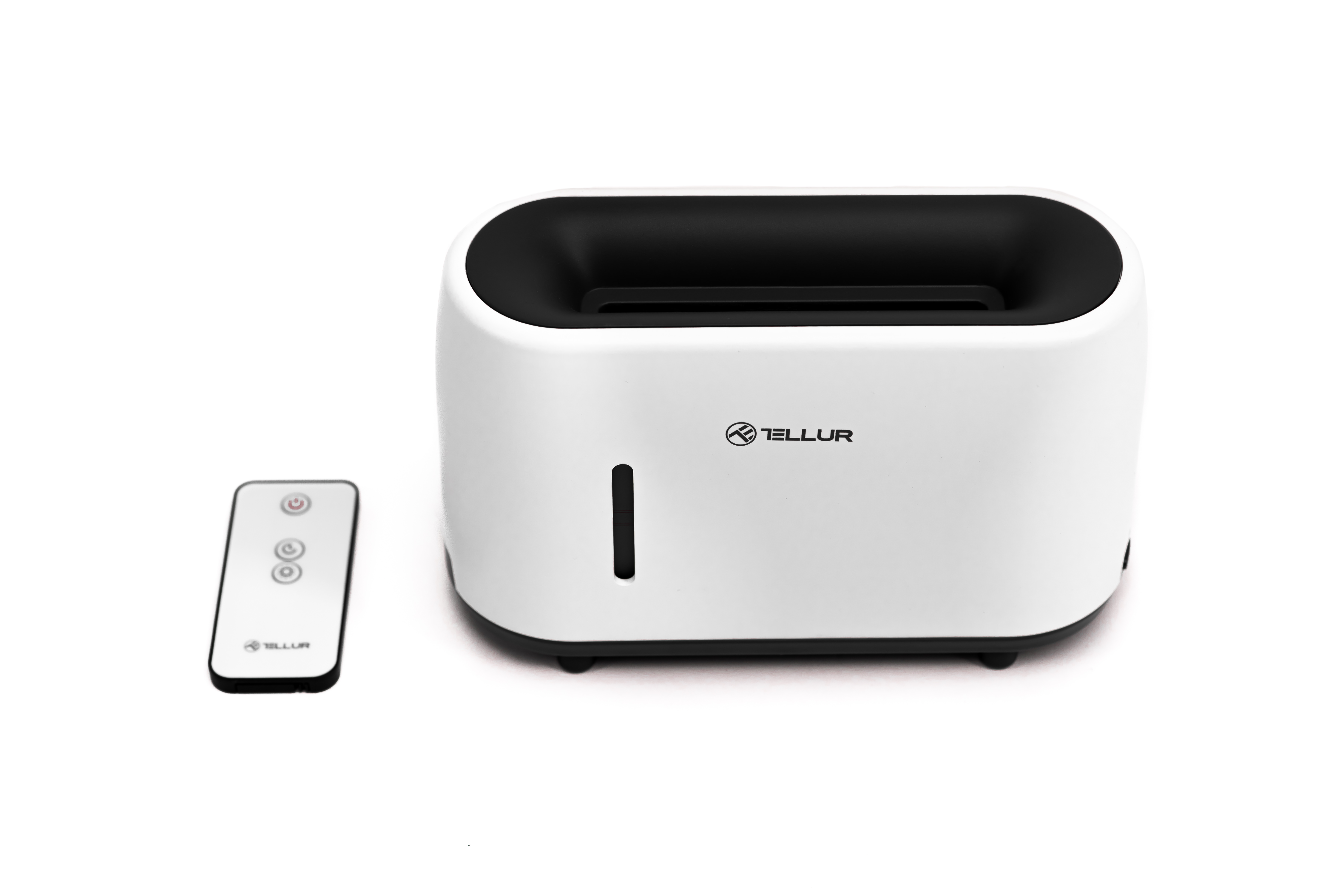 Biało-czarny nawilżacz powietrza z pilotem na pierwszym planie, na białym tle.