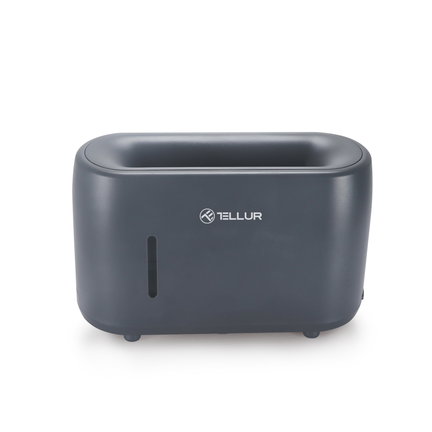 Ciemnoszary odświeżacz powietrza, z logo i wskaźnikiem poziomu wody na białej powierzchni.