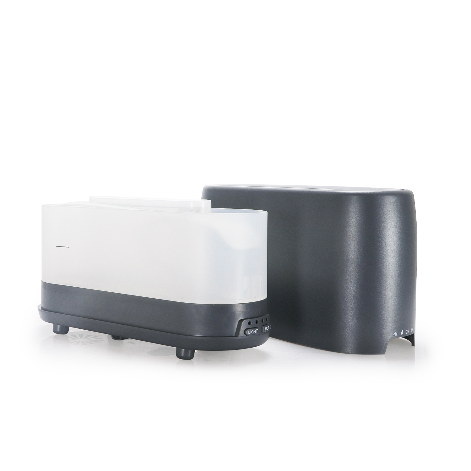 Dwutonowy odświeżacz powietrza z białą górą i ciemnoszarą podstawą.