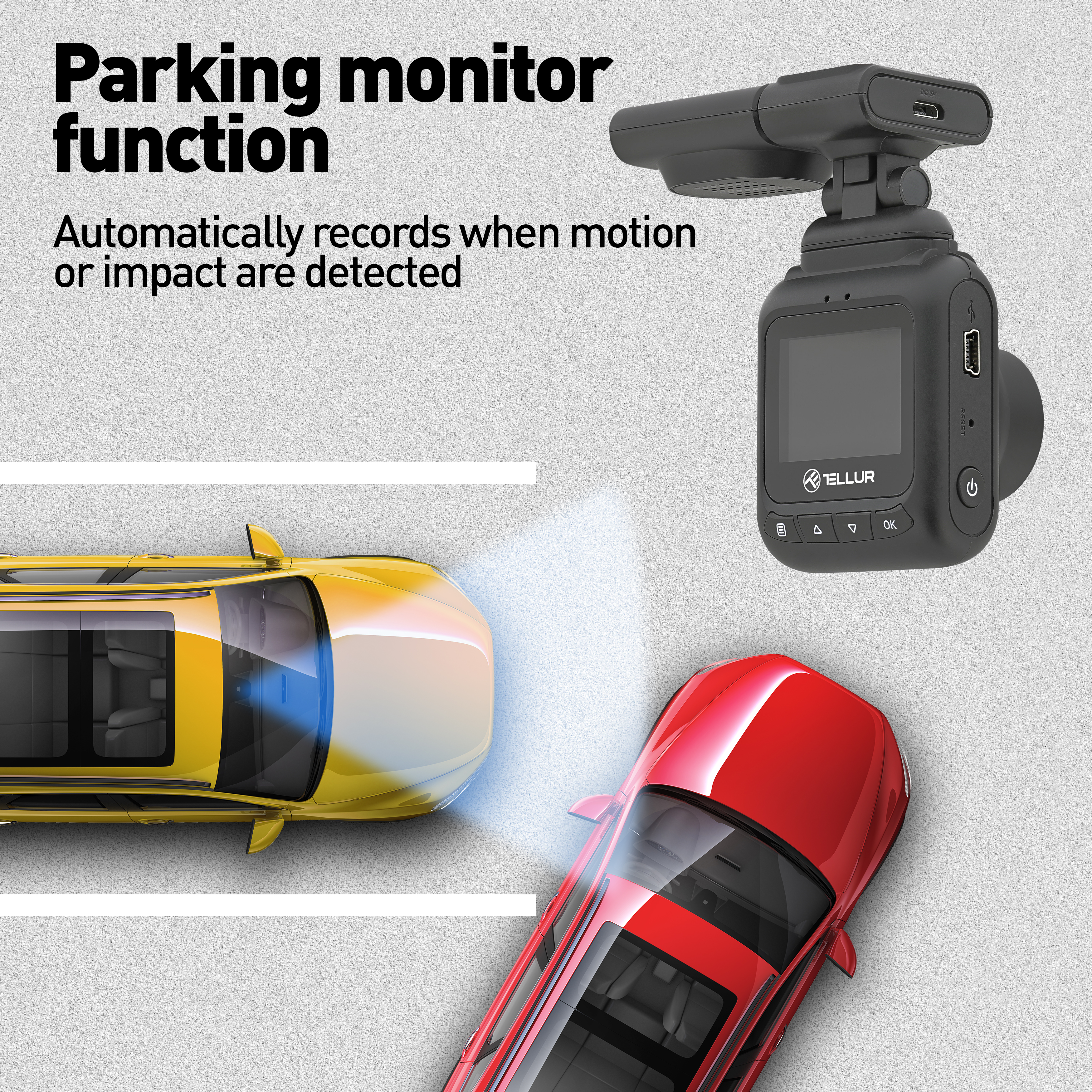 Konfiguracja kamery samochodowej pokazująca żółty samochód, czerwony samochód i czarną kamerę.