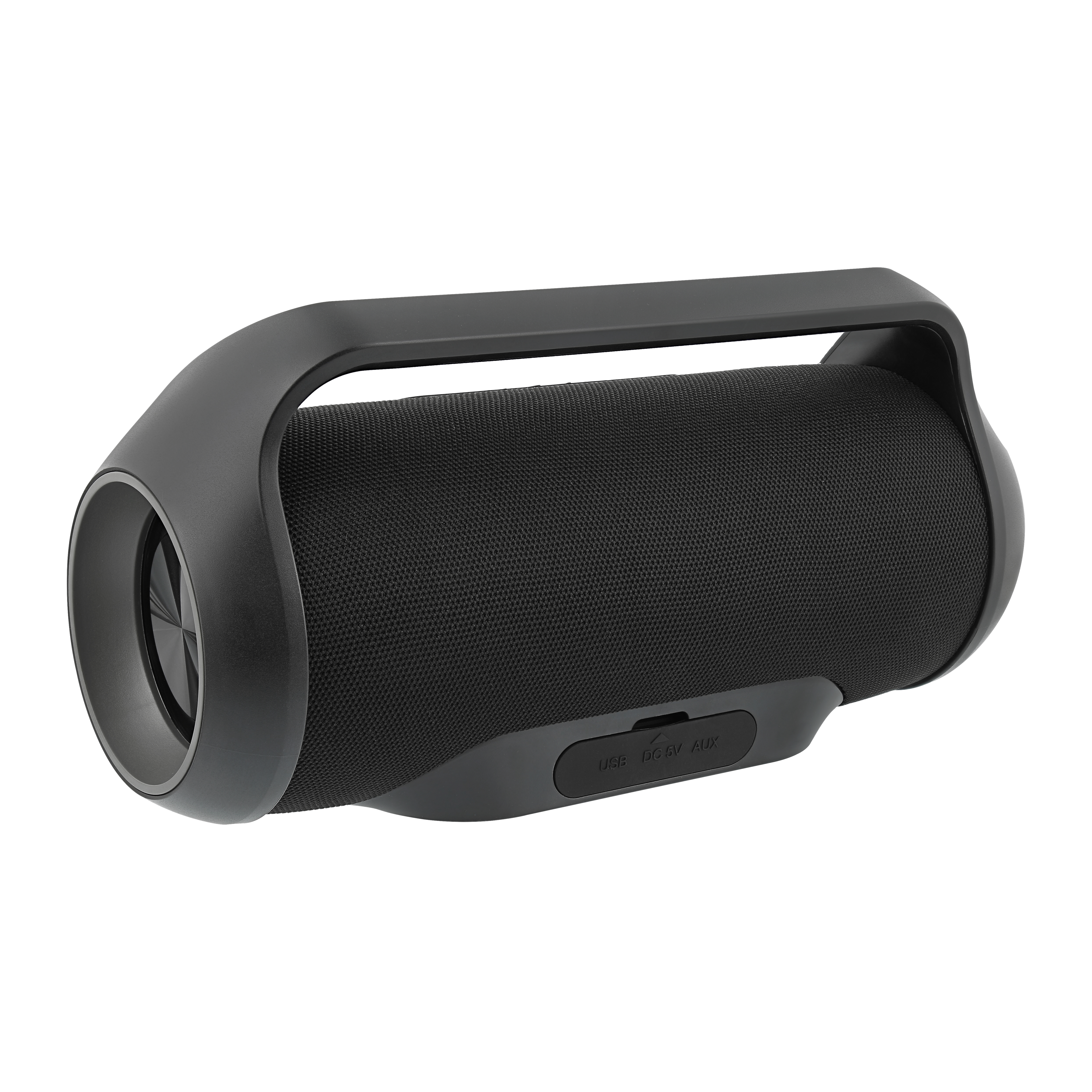 Czarny prostokątny głośnik z uchwytem. Posiada powierzchnię głośnika z siatki.