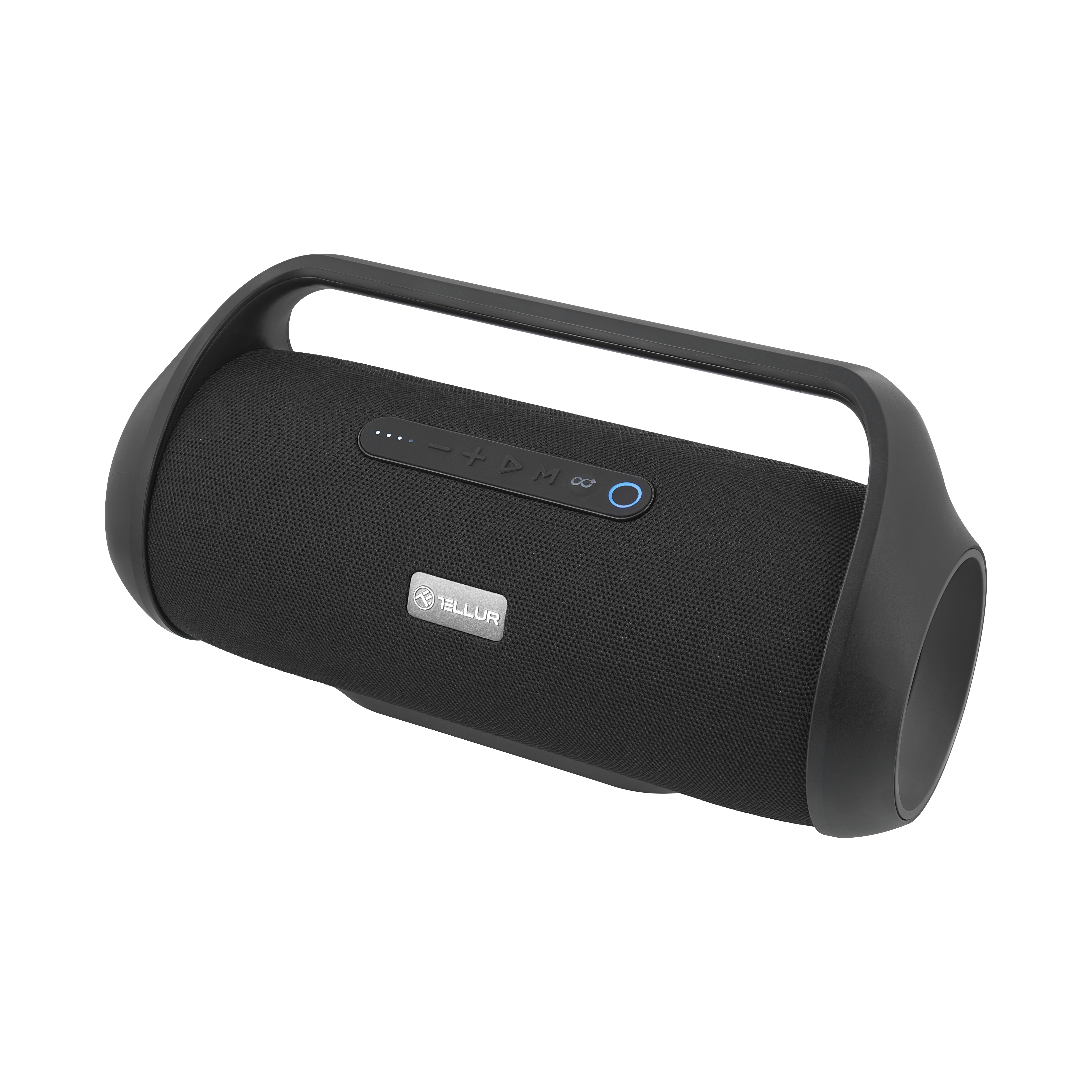 Czarny prostokątny głośnik z uchwytem. Przyciski na górze do regulacji głośności/odtwarzania. Marka "Tellur".