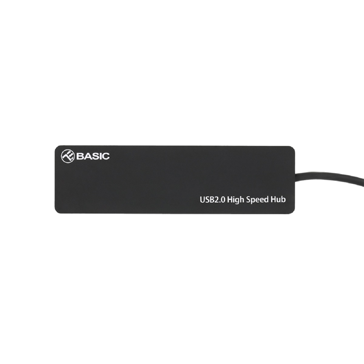 Concentrador USB negro con logo 'BASIC' y texto 'USB2.0 High Speed Hub'. Fondo blanco.