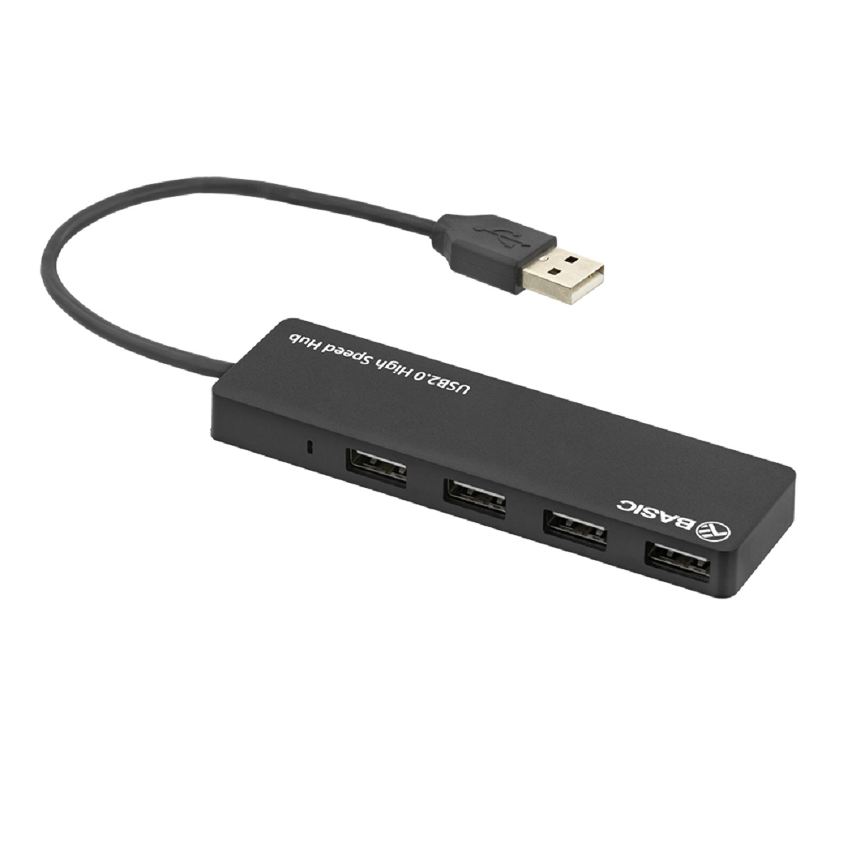 Hub USB 2.0 de alta velocidad negro con cuatro puertos USB y cable negro.