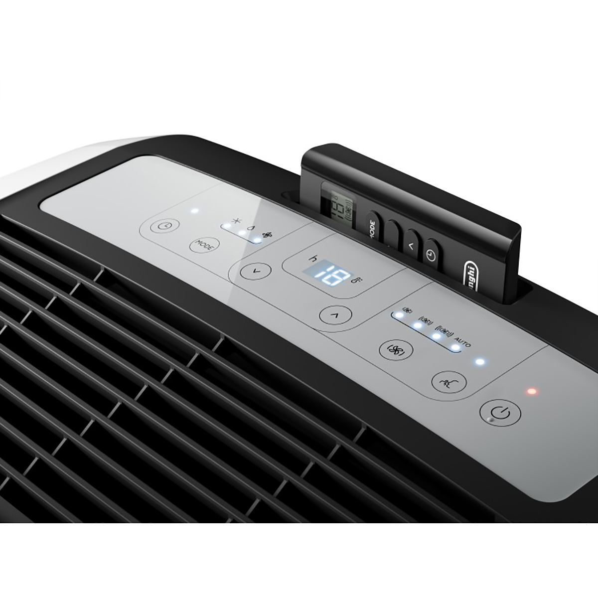 Pannello di controllo del purificatore d'aria DeLonghi con display digitale e telecomando.