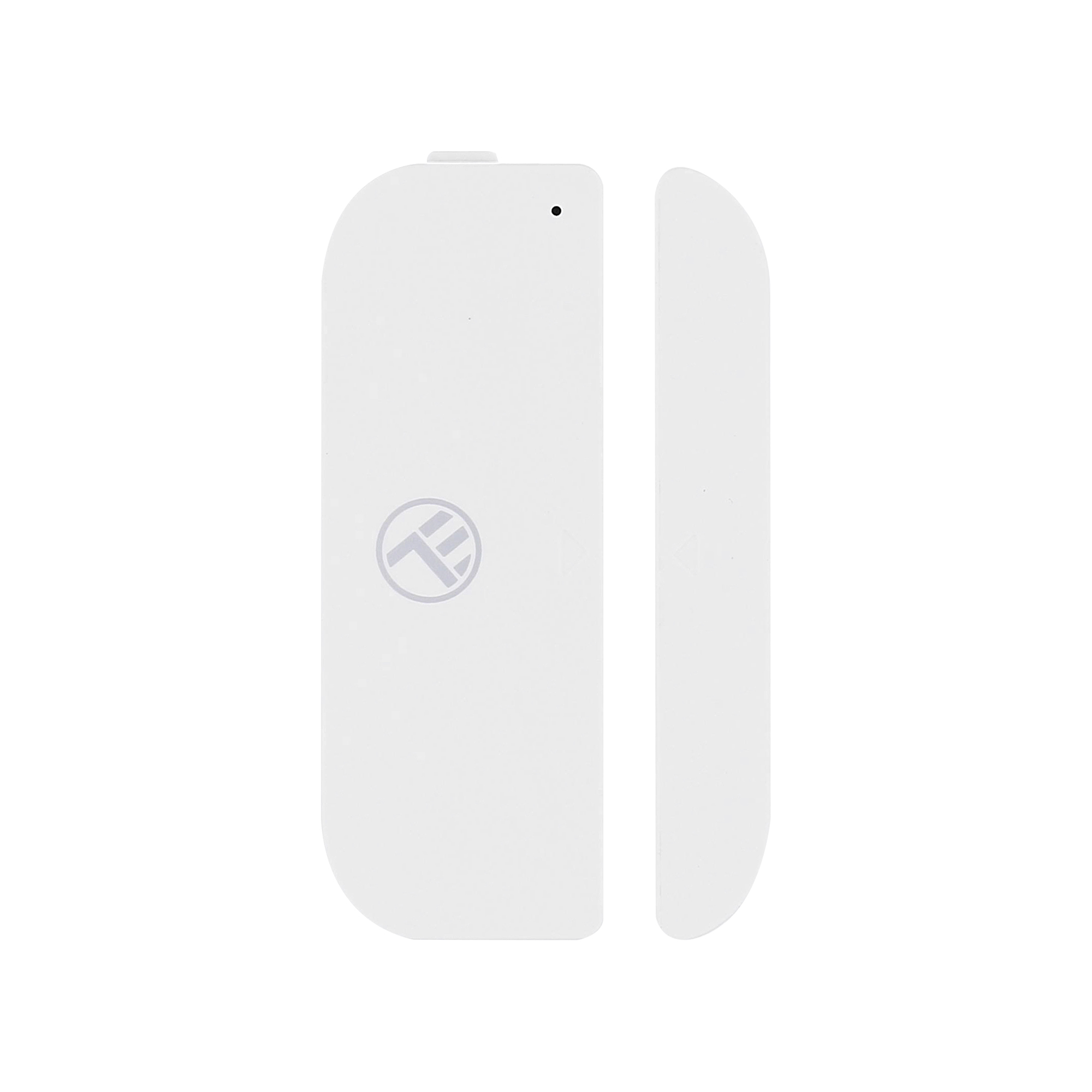 Weißer Türsensor. Er besteht aus zwei Teilen, einem Logo und einem kleinen Punkt.