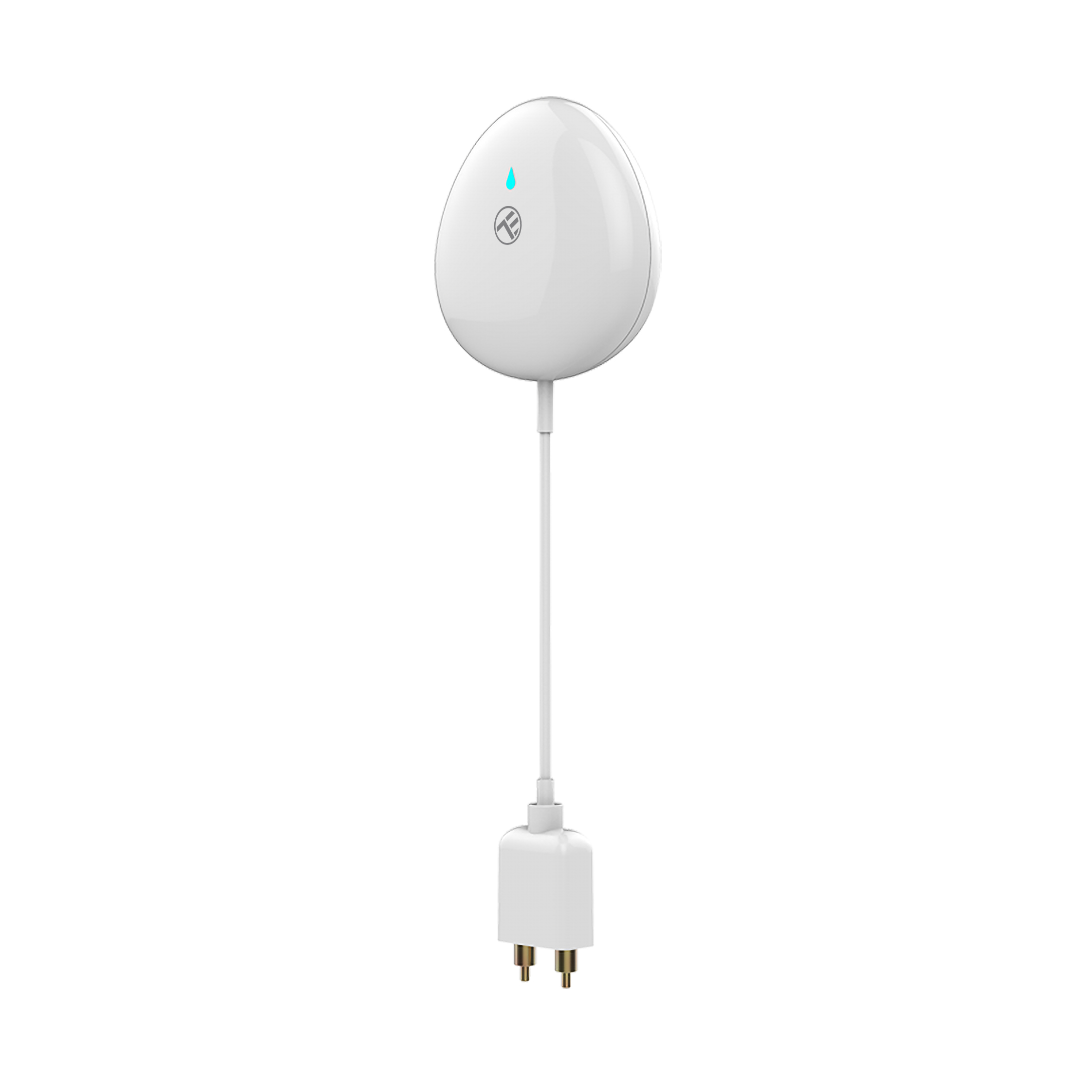 Ein weißes, eiförmiges Smart-Home-Gerät mit blauem Licht, verbunden mit einem Netzkabel.