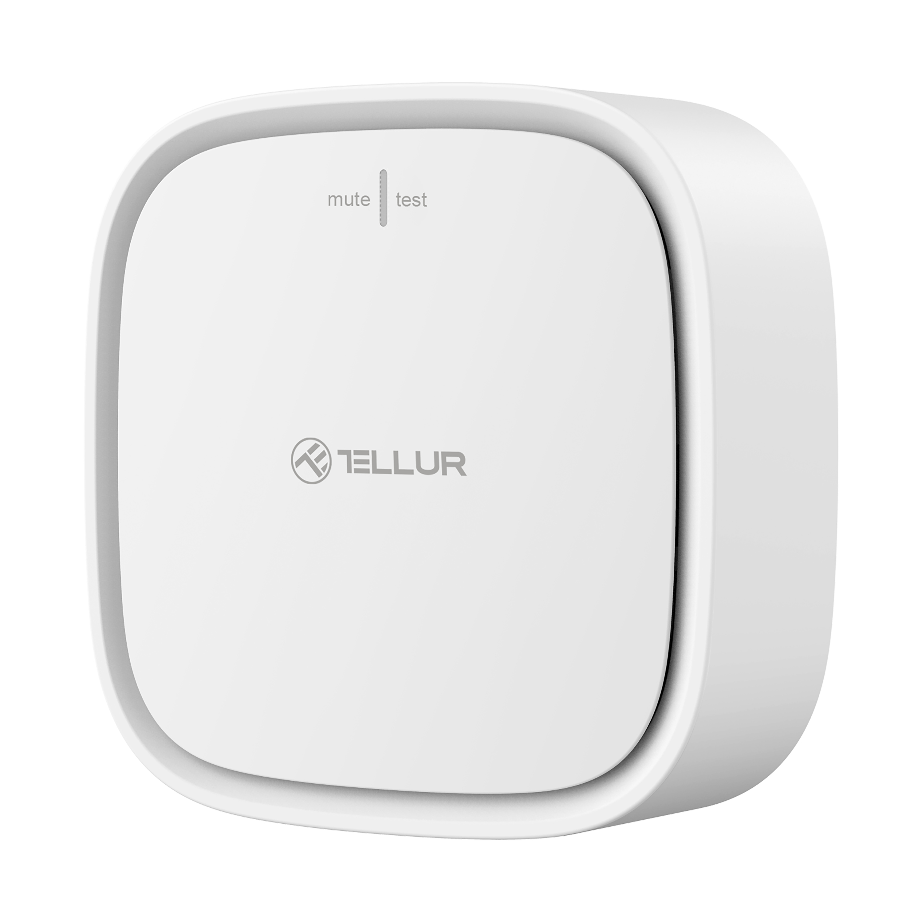 Weißer quadratischer Rauchmelder mit Stumm- und Testtasten. Tellur-Logo.