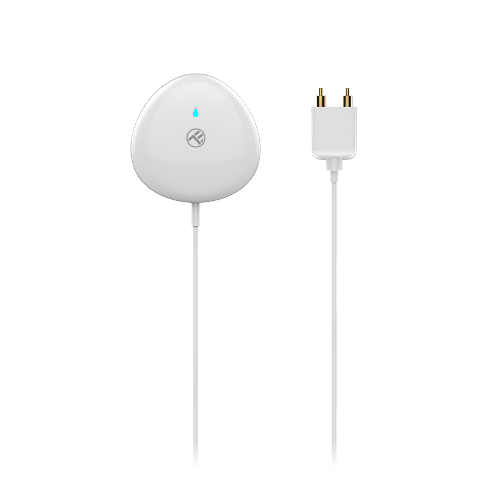 Weißer Wassersensor mit weißem Kabel. Es hat eine runde Form. Weißer Hintergrund.