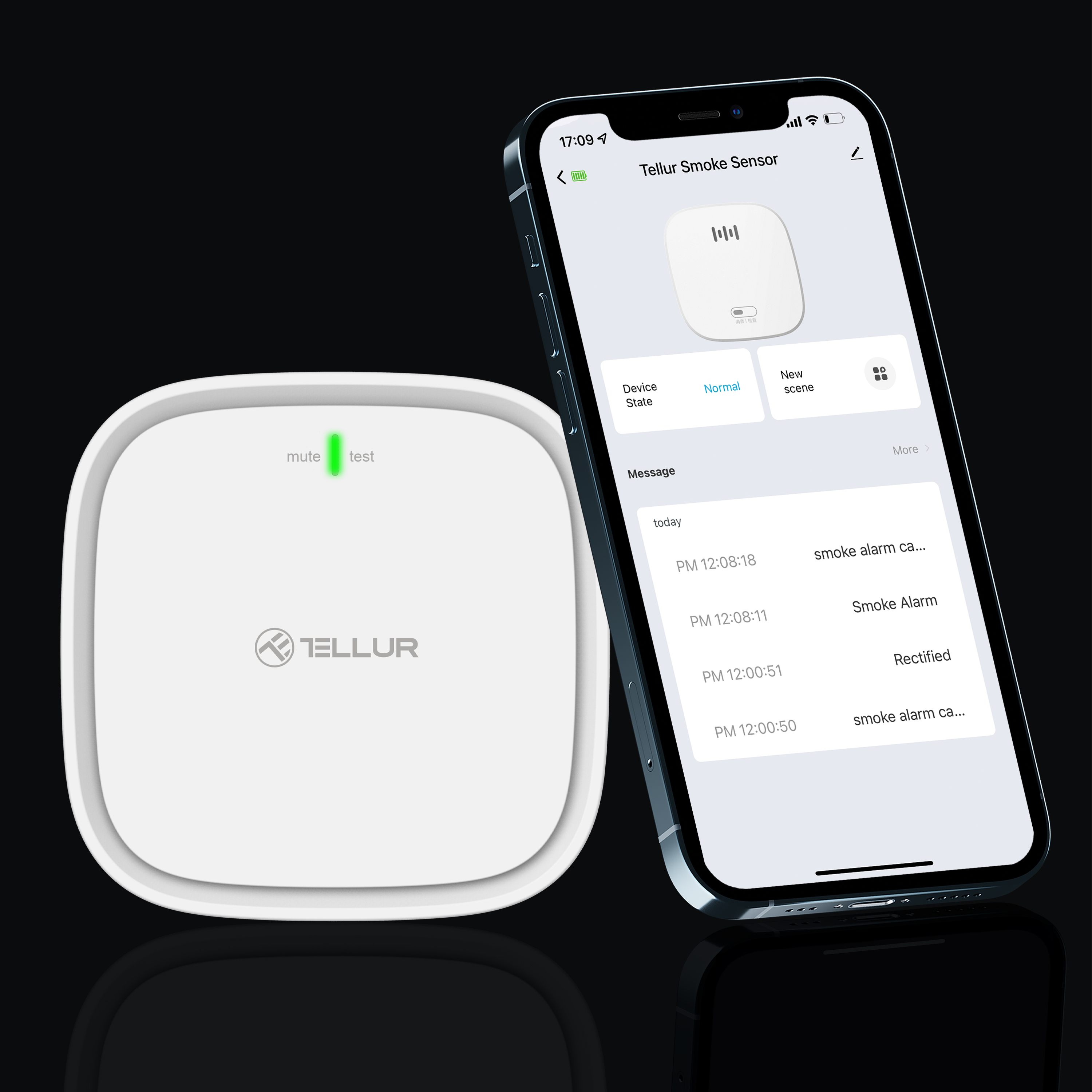 Weißer Rauchmelder mit Telefon, das die Benutzeroberfläche des Sensors anzeigt.
