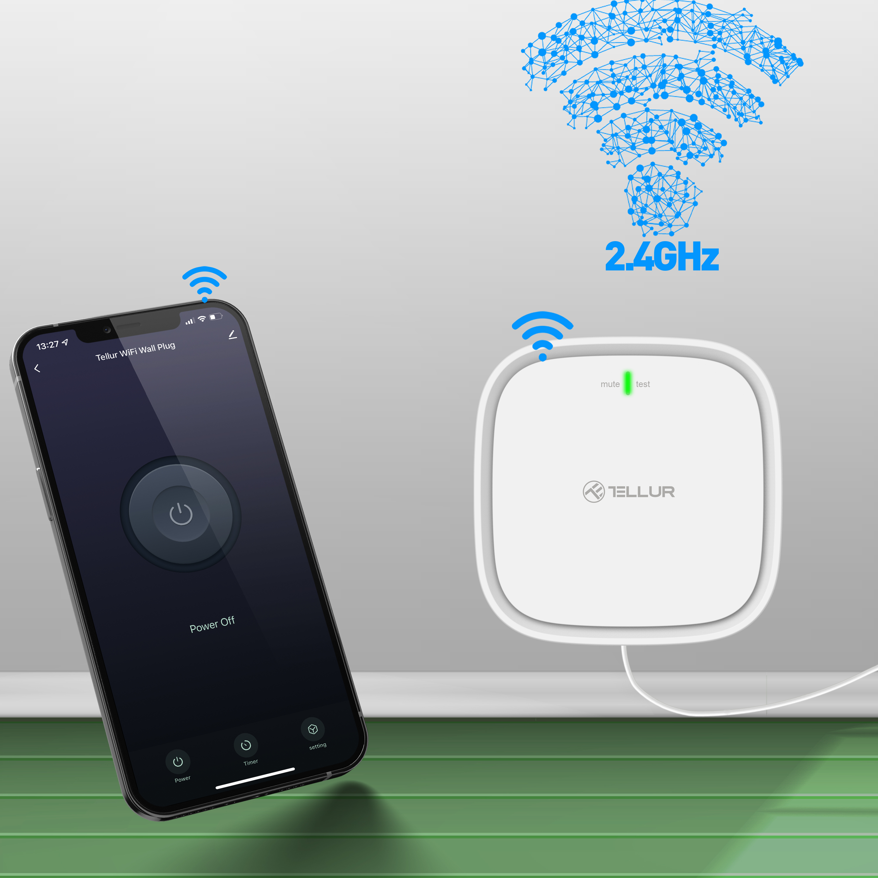 Ein Smartphone, das eine Power-Off-Oberfläche zeigt, ein WLAN-Router und ein 2,4-GHz-WLAN-Signal-Symbol.