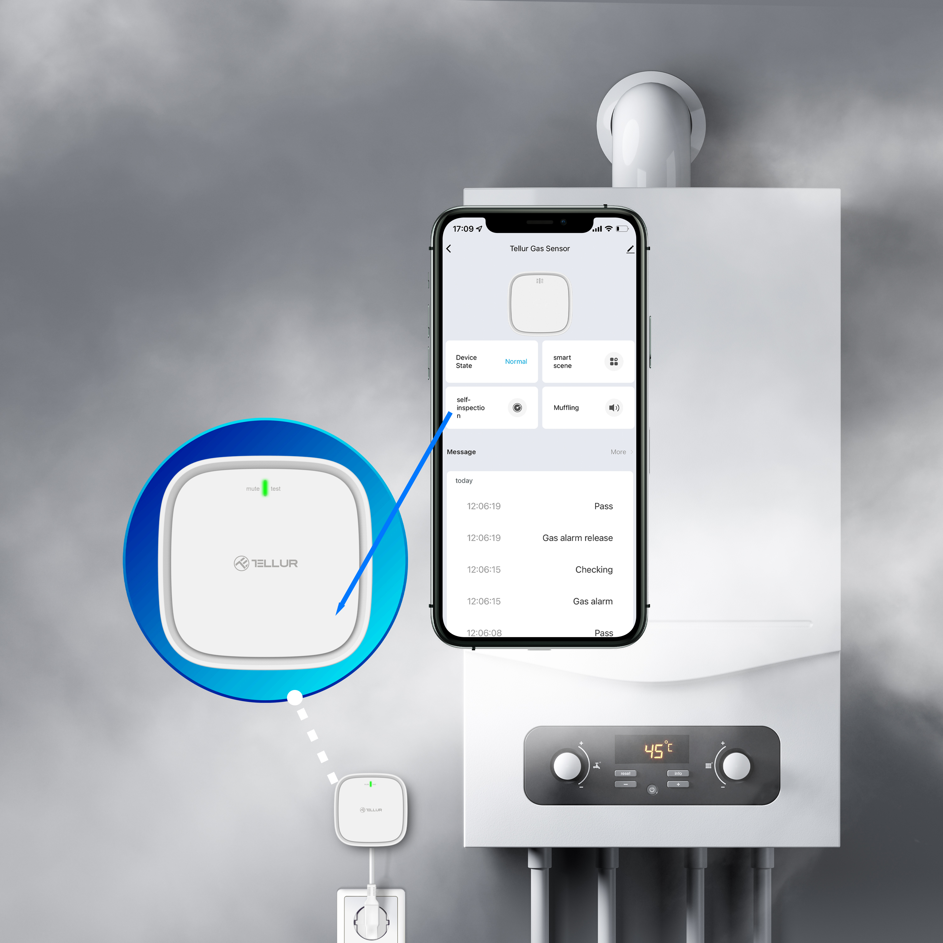 Smart Home Gassensor mit Telefoneinstellungen in der Nähe des Kessels.