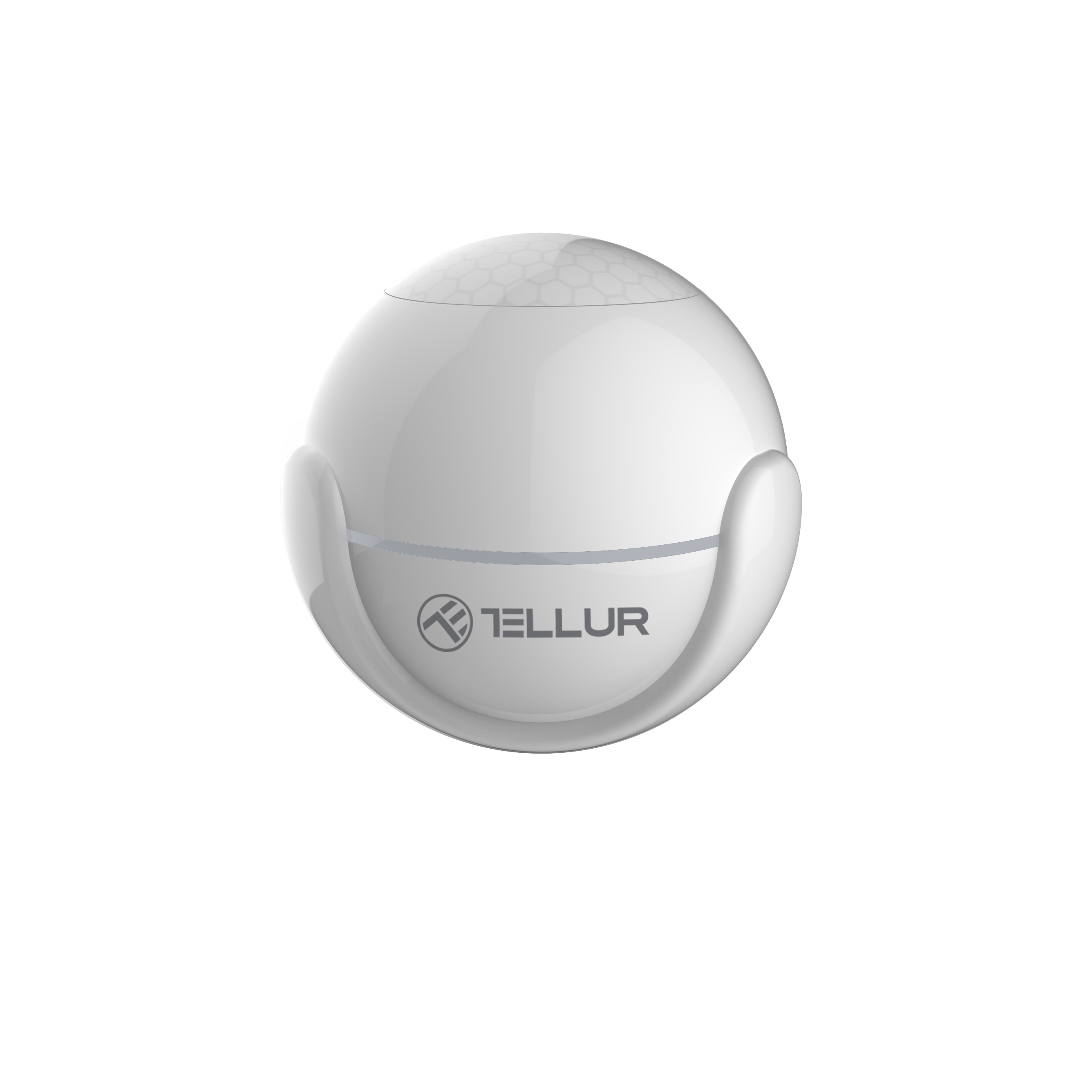 Weißer, kugelförmiger intelligenter Sensor mit grauem Sockel und dem Text 'Tellur'.