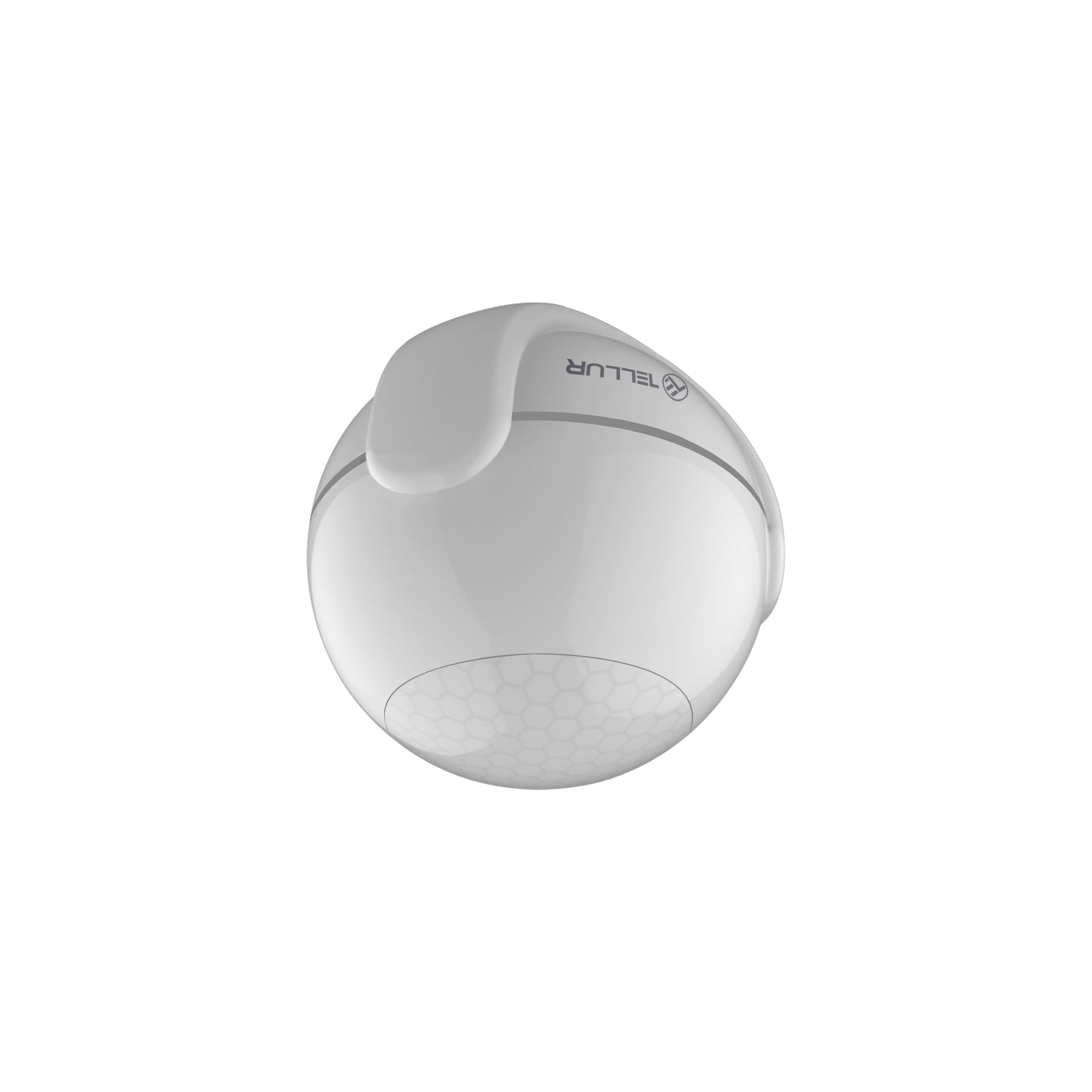 Weißer, runder Tellur-Sensor. Sechseckmuster am Boden. Weißer Hintergrund.