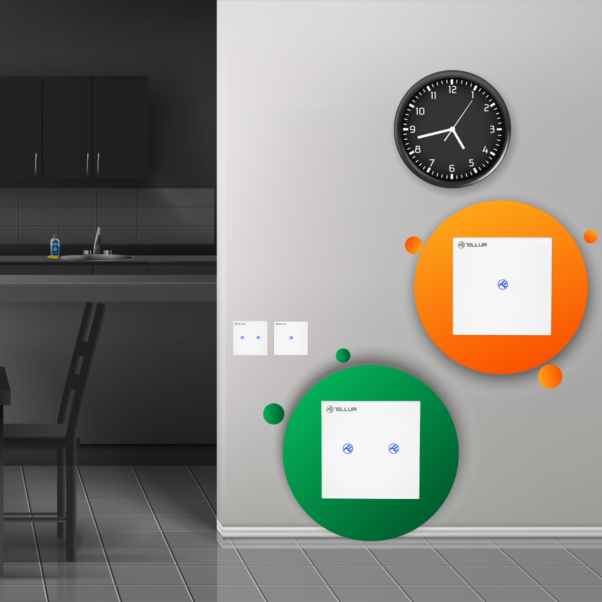 Escena interior con una cocina. Hay dos interruptores inteligentes y un reloj en una pared gris.