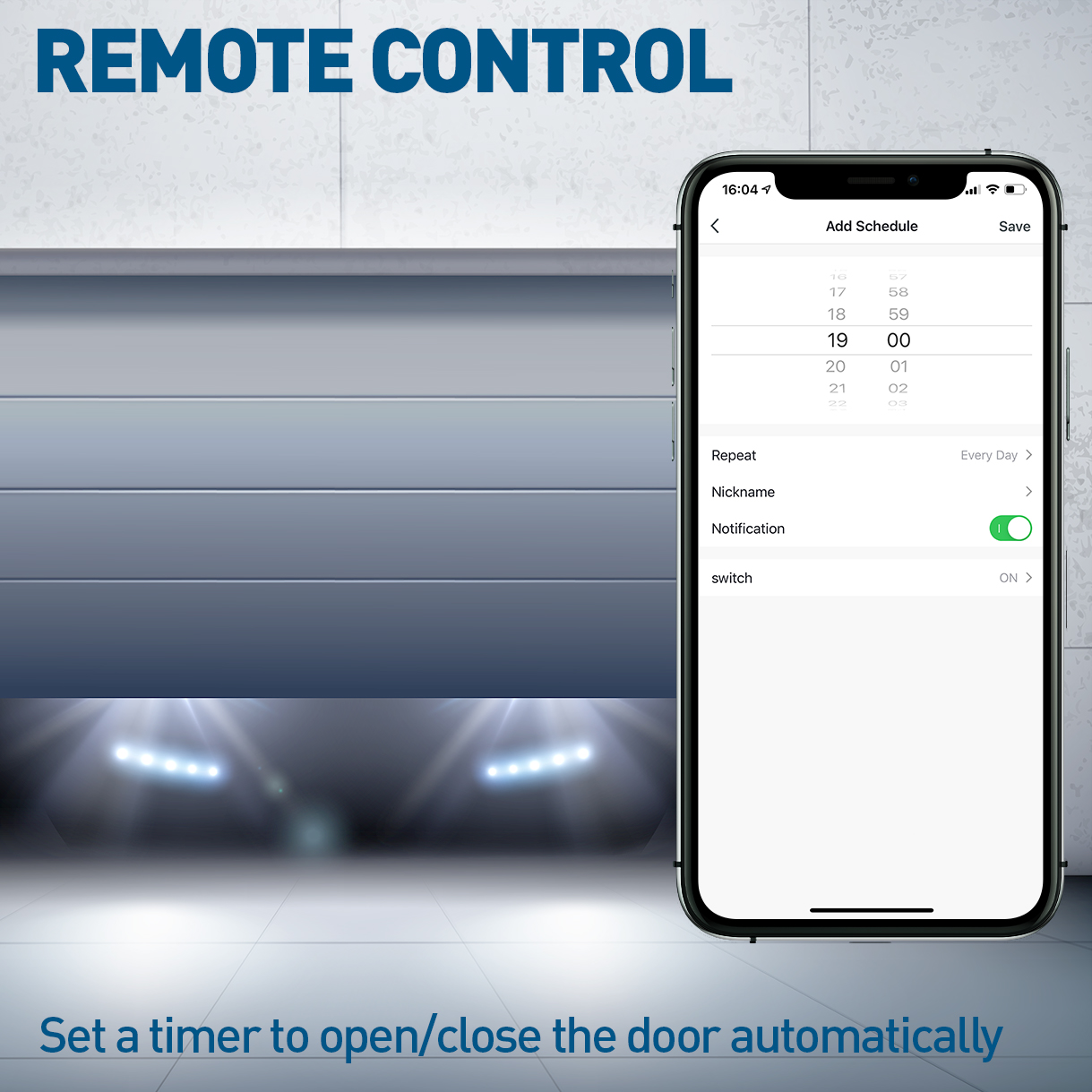 Pantalla de smartphone con aplicación para control remoto de puerta de garaje.