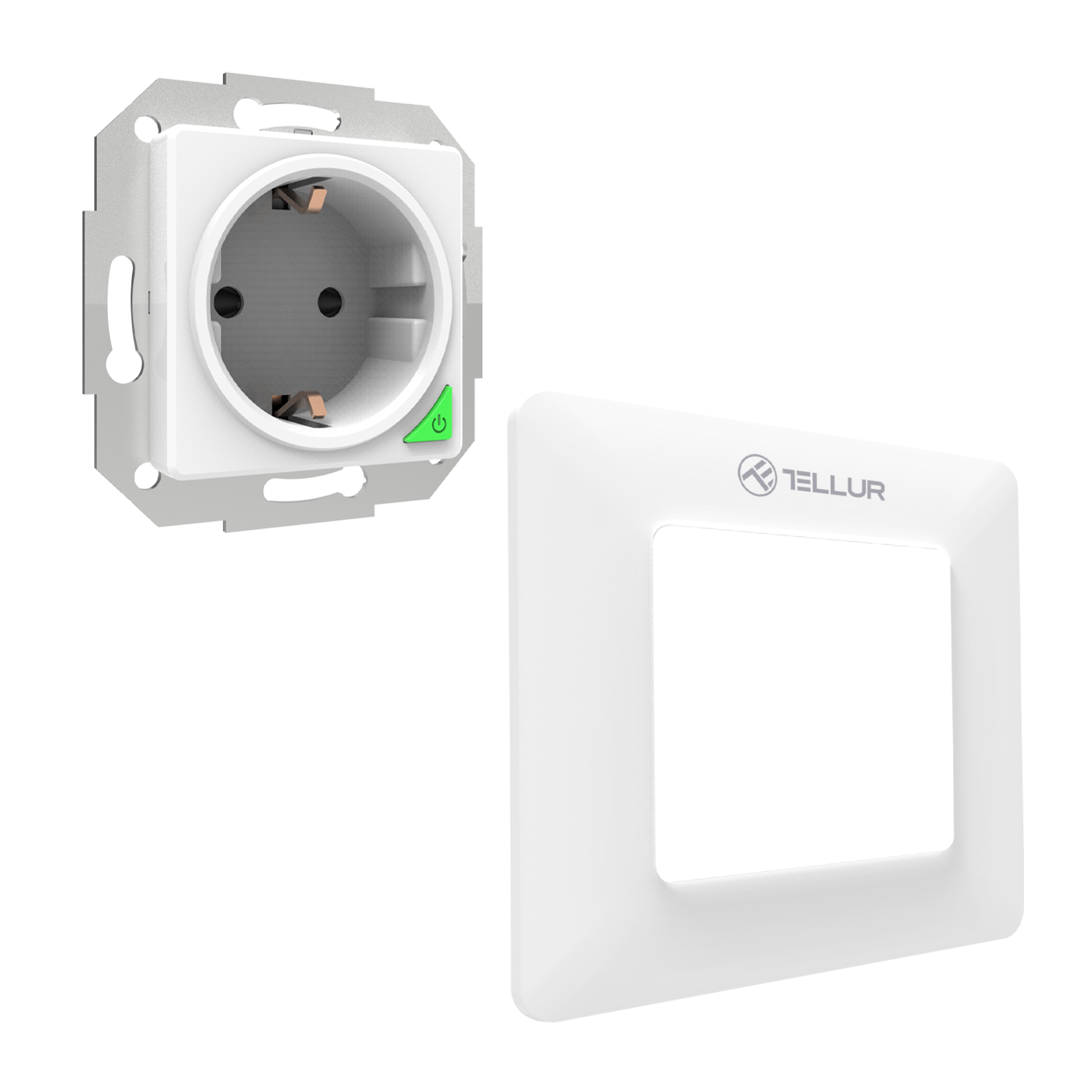 Ein weißer Smart-Stecker und die passende Wandplatte. Der Stecker hat ein grünes Licht als Stromanzeige.