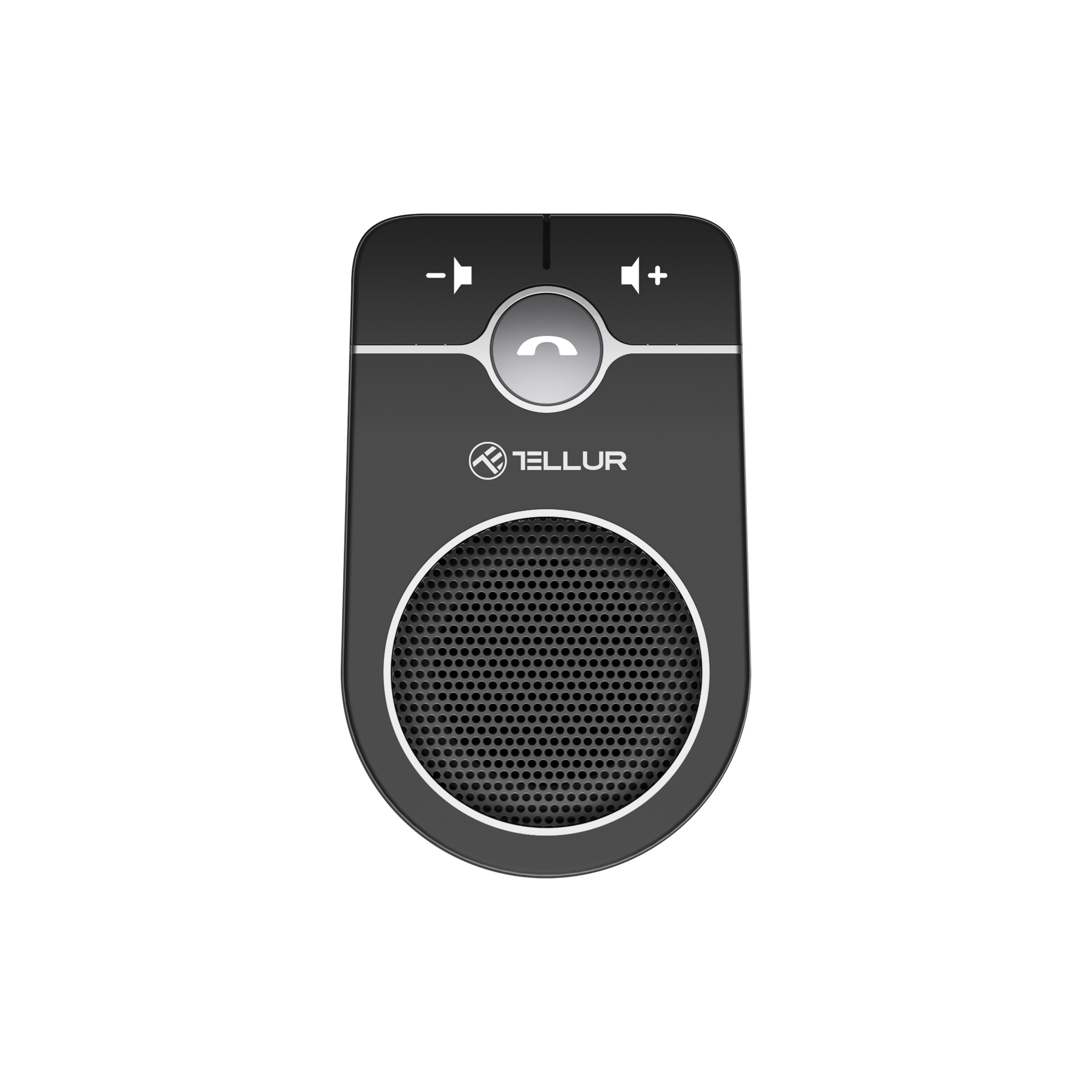 Dispositivo de altavoz negro con controles de volumen y botón de llamada. Fondo blanco.