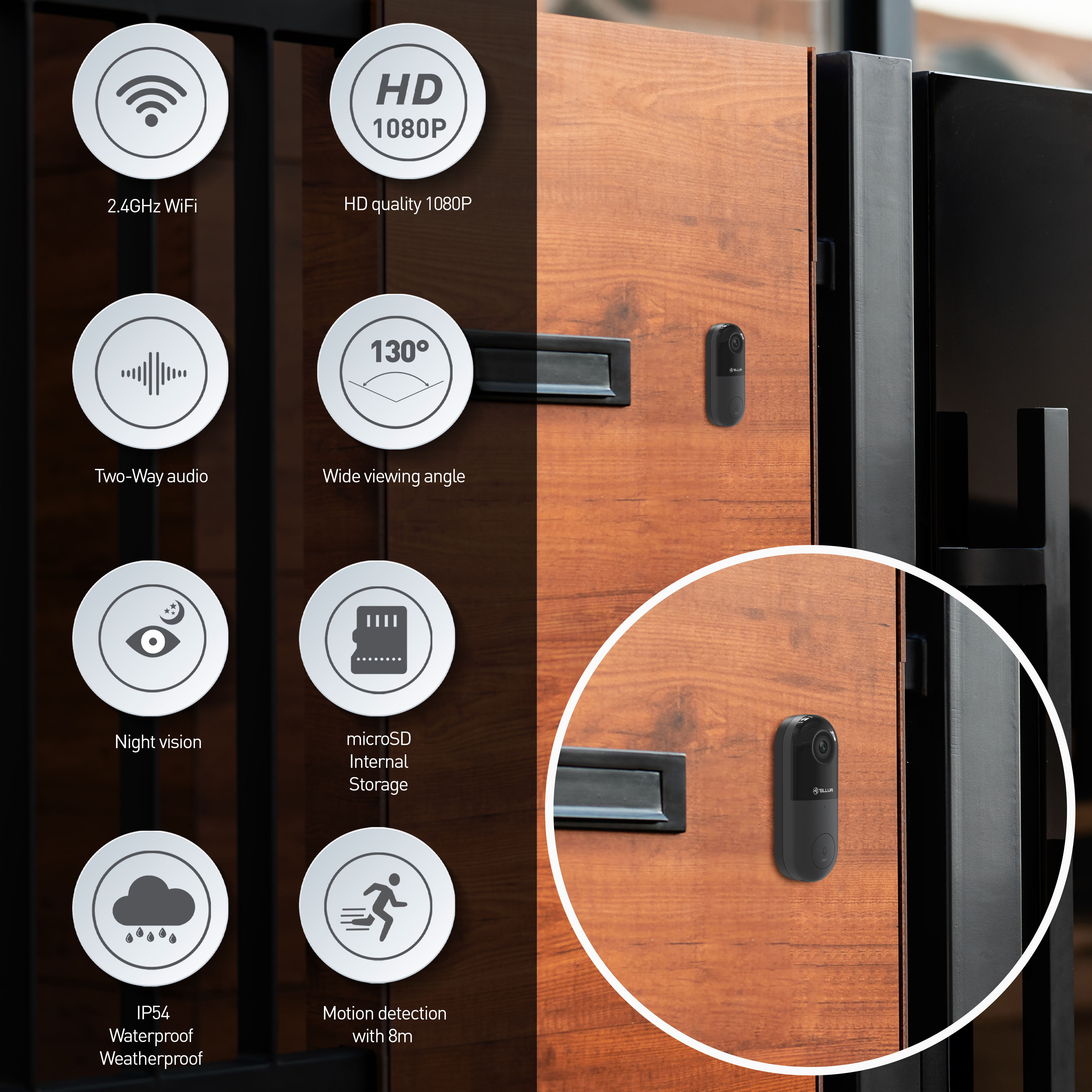 Dzwonek do drzwi z ikonami funkcji: WiFi, audio, noktowizor, IP54, HD, szeroki kąt, microSD, ruch.