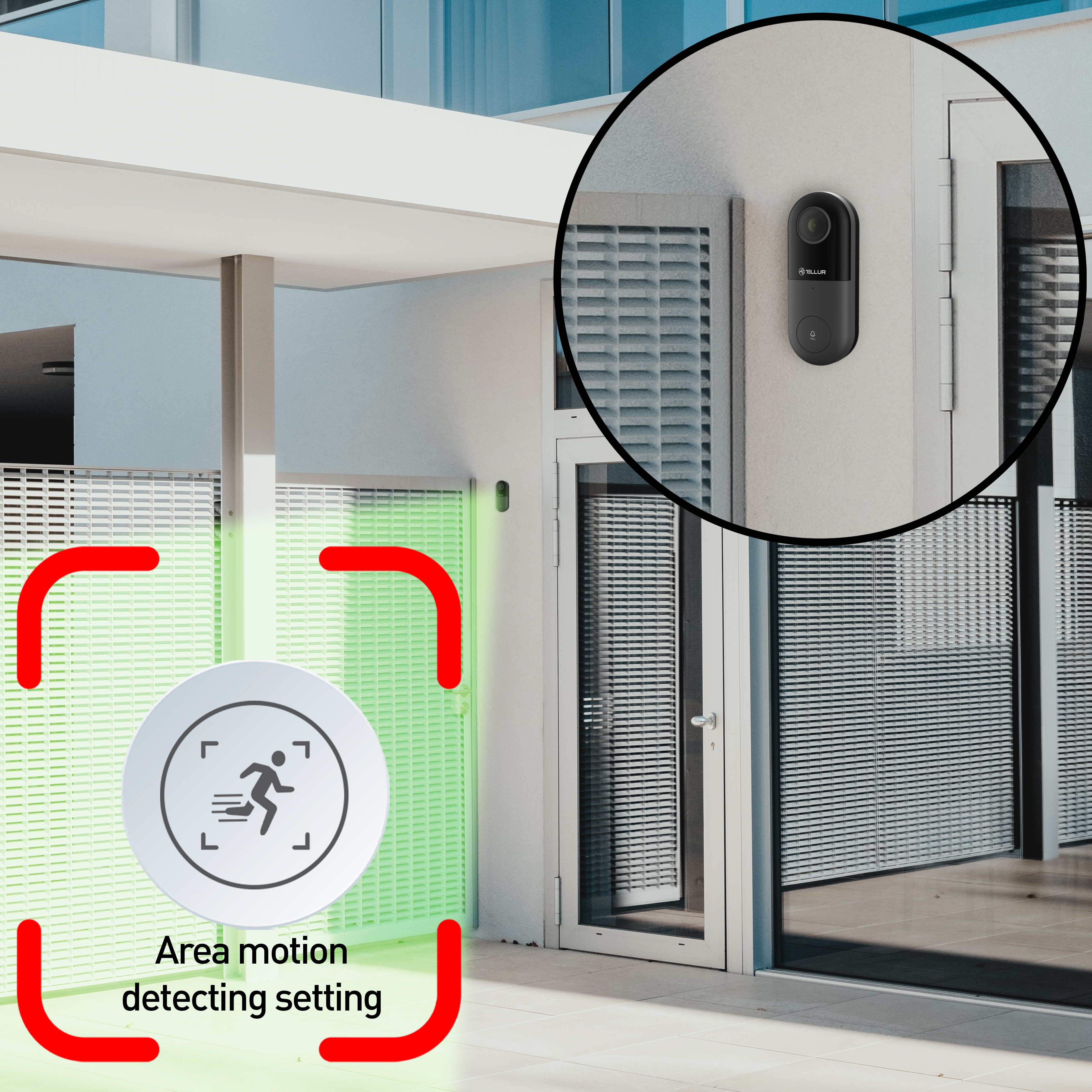 Dzwonek do drzwi z ustawieniem wykrywania ruchu. Pokazano ikonę graficzną osoby biegnącej.